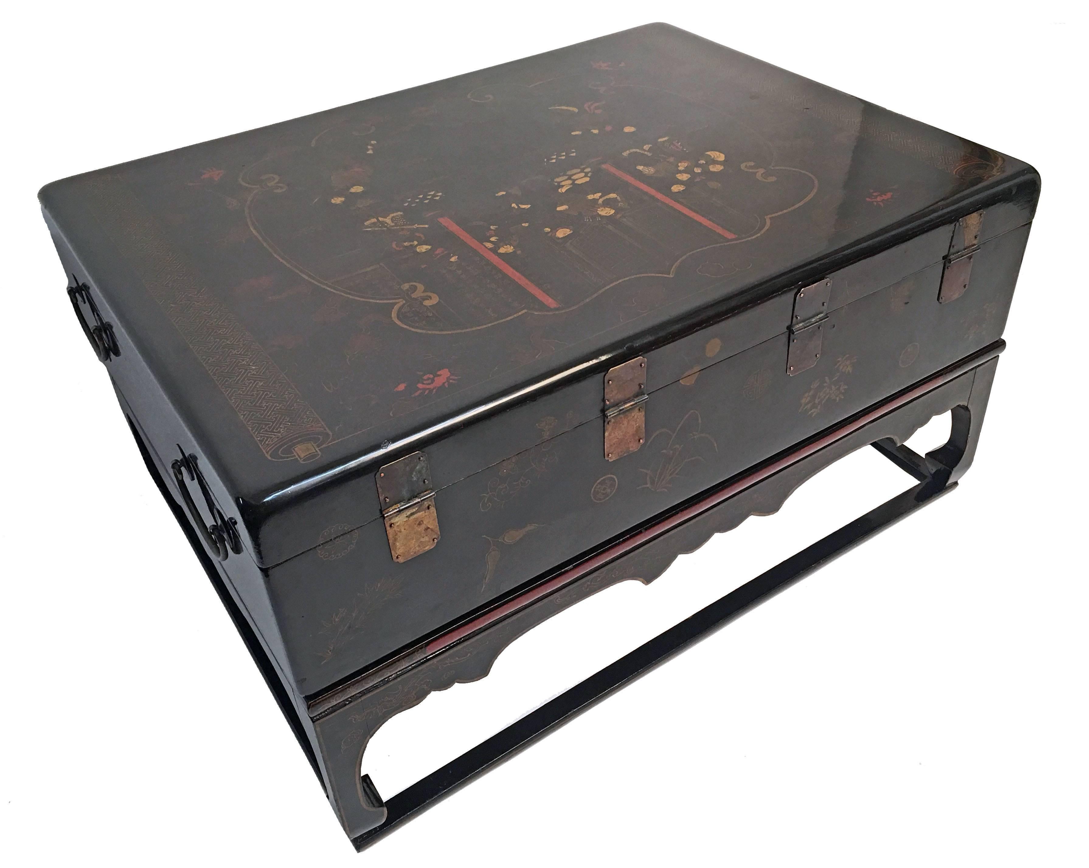 Chinese 19th Century Lacquered Robe Trunk on Later Custom Stand as Coffee Table In Excellent Condition In San Francisco, CA