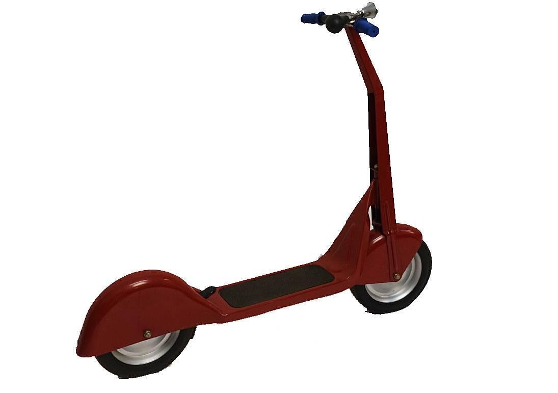 Steel child's size scooter. In excellent vintage condition, over painted in the original red color. Scooter appears to not have any makers marks, American, 1940s.