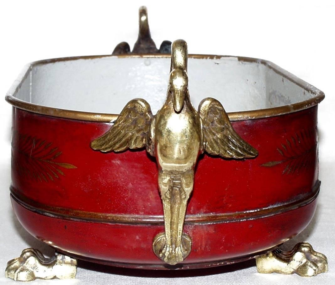 Brass Red Tole Empire Style Cachpot, French, 19th Century