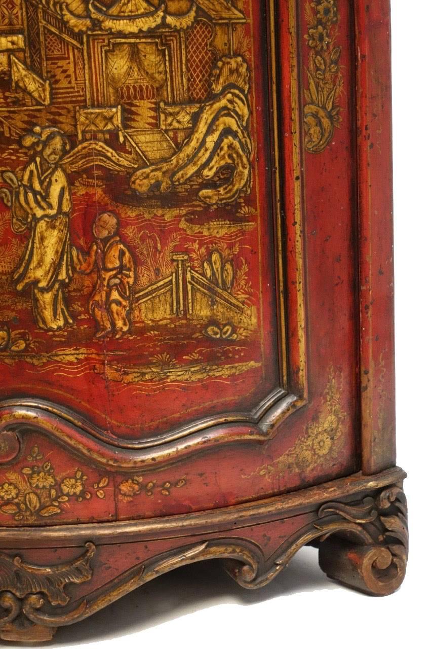Wood Red Lacquered Corner Cabinet with Chinoiserie Decoration, French Circa 1860 