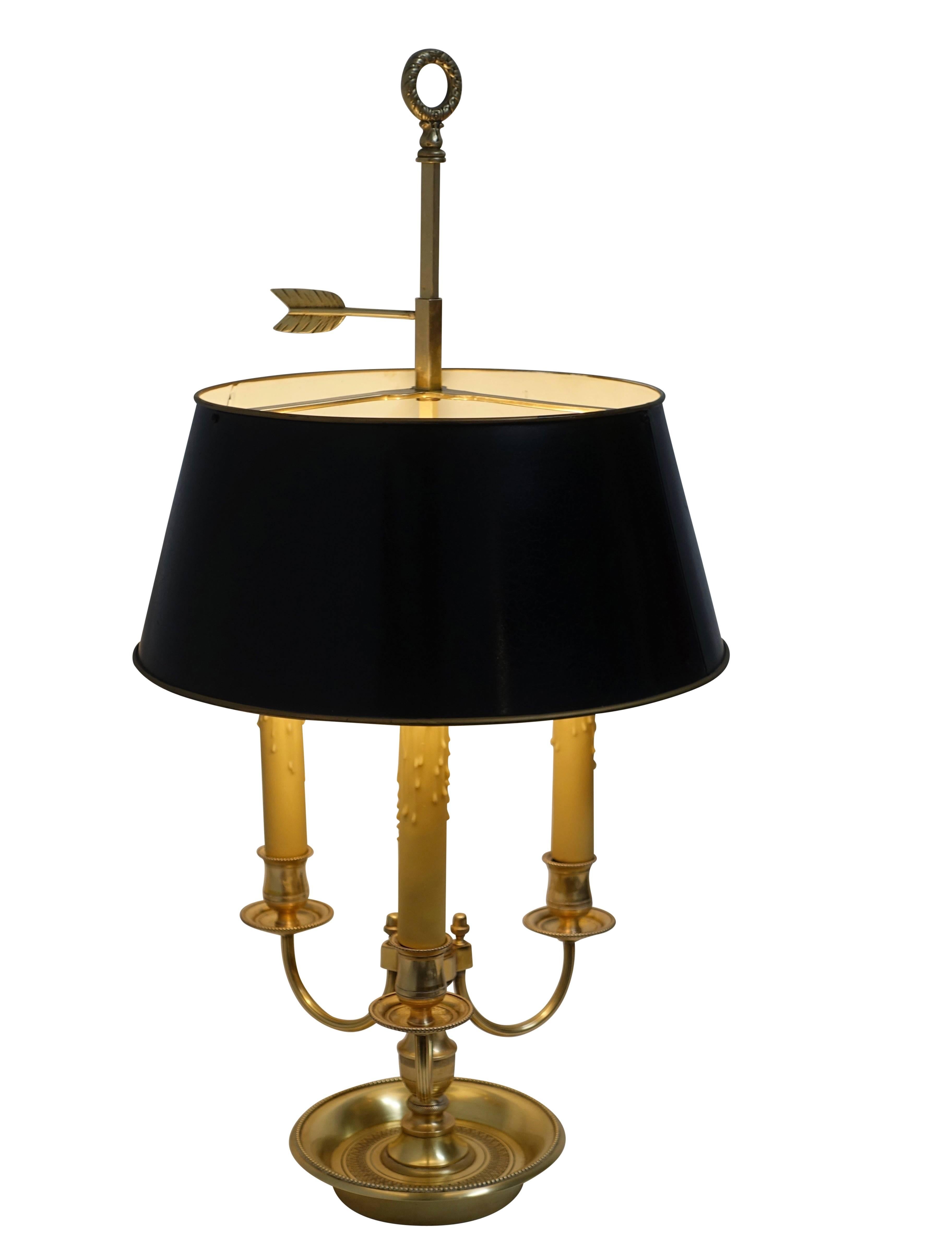 Fine quality Louis XVI style three-light bouillotte lamp with original black tole shade. The shade has an aged crackle finish. France, circa 1940.