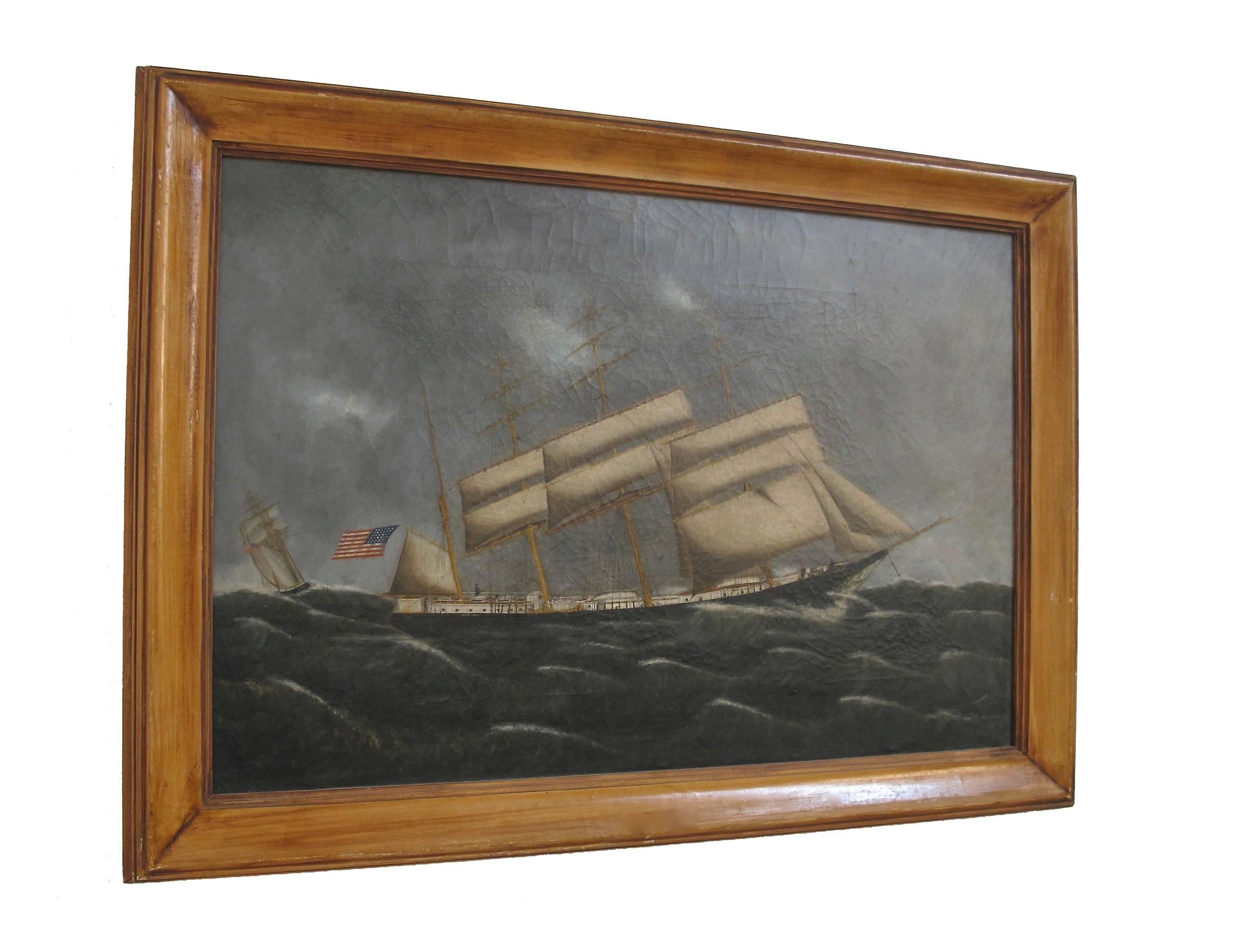Hand-Painted American Ship Oil Painting, 19th Century Maritime