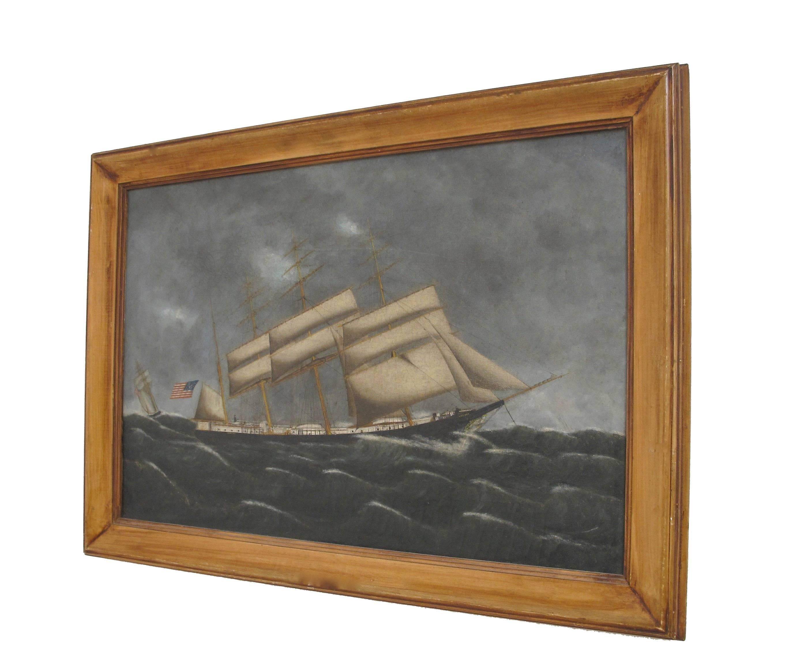 Maritime ship painting, oil on canvas in wood frame, American, late 19th century.