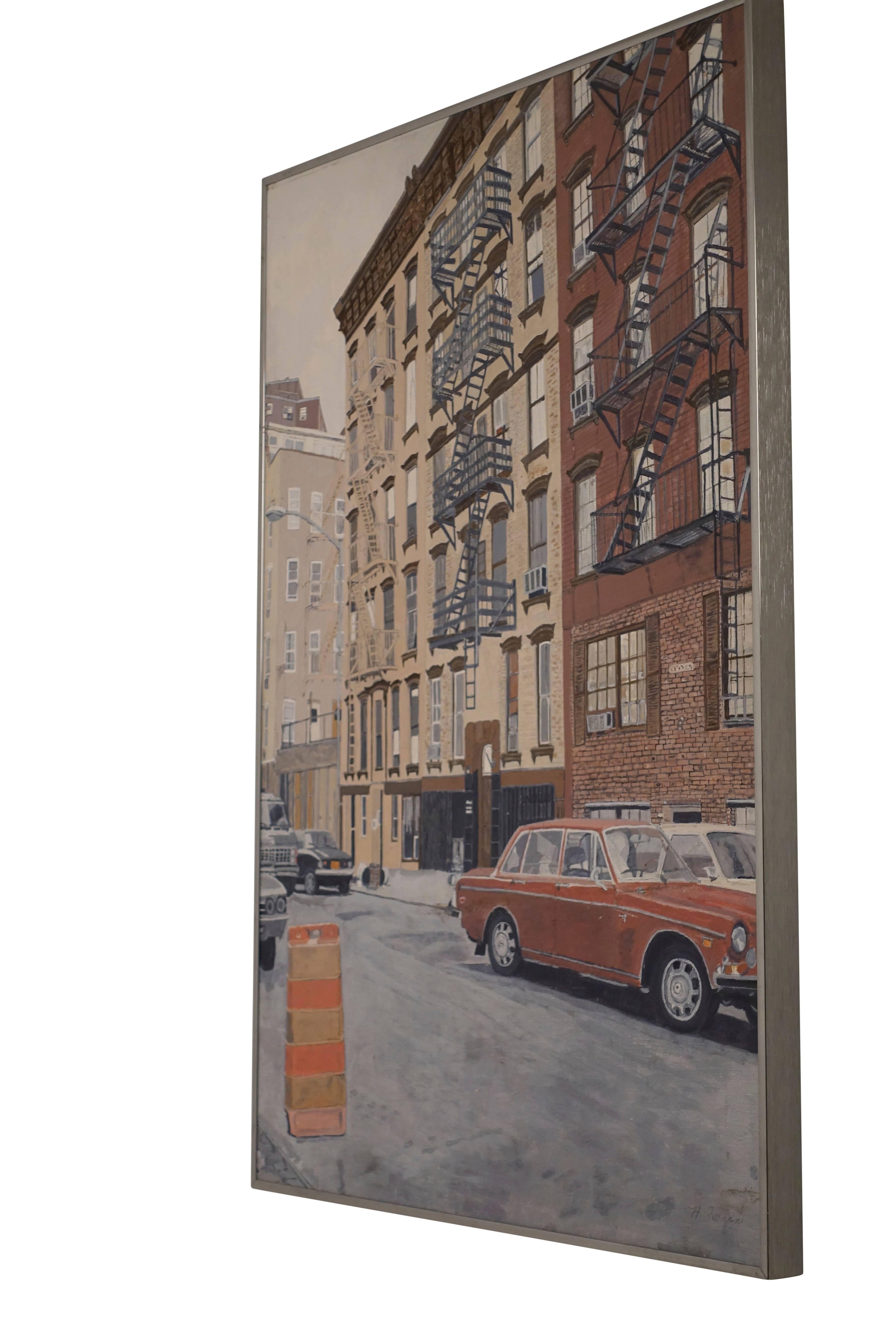 City street scene painting, oil on canvas mounted in a blue chrome frame. Signed H. Farzan. American, mid 20th century.