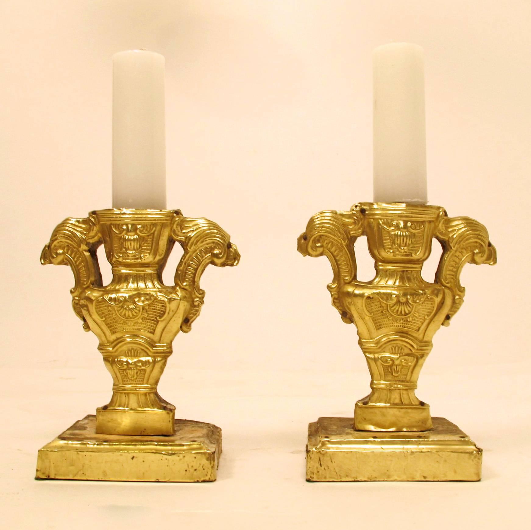 Pair of 18th Century Italian Wood and Brass Pricket Candleholders In Excellent Condition For Sale In San Francisco, CA