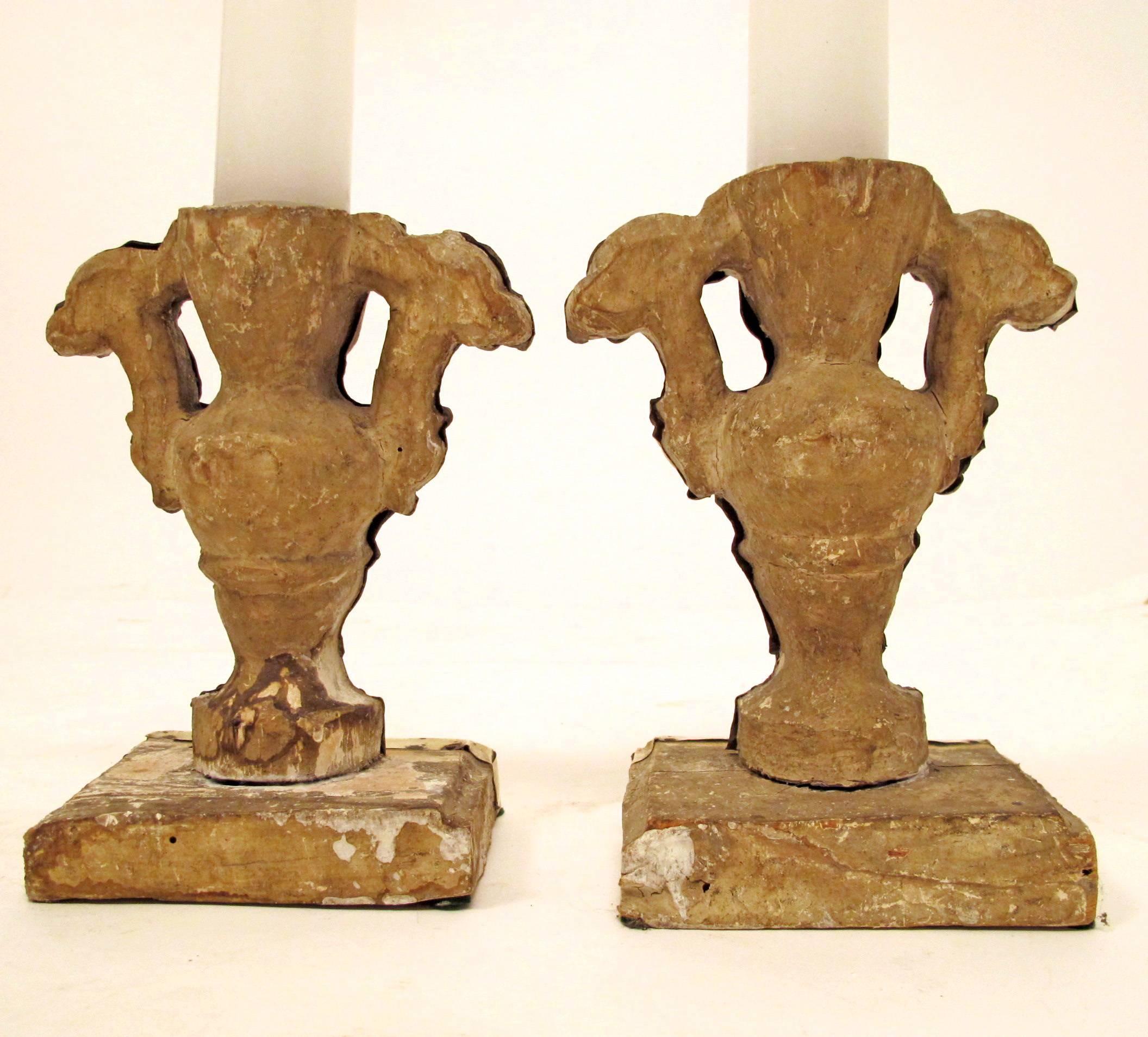 Paint Pair of 18th Century Italian Wood and Brass Pricket Candleholders For Sale