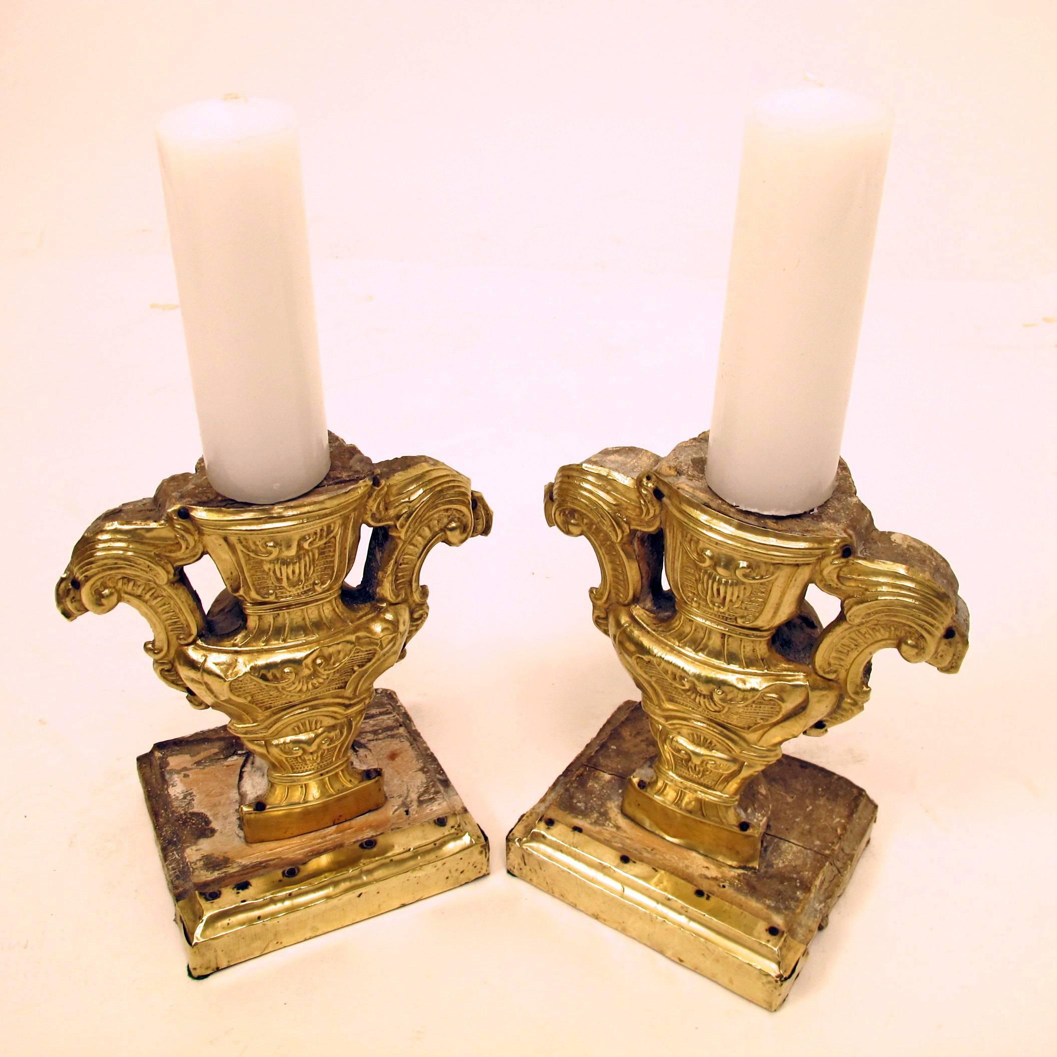 18th Century and Earlier Pair of 18th Century Italian Wood and Brass Pricket Candleholders For Sale