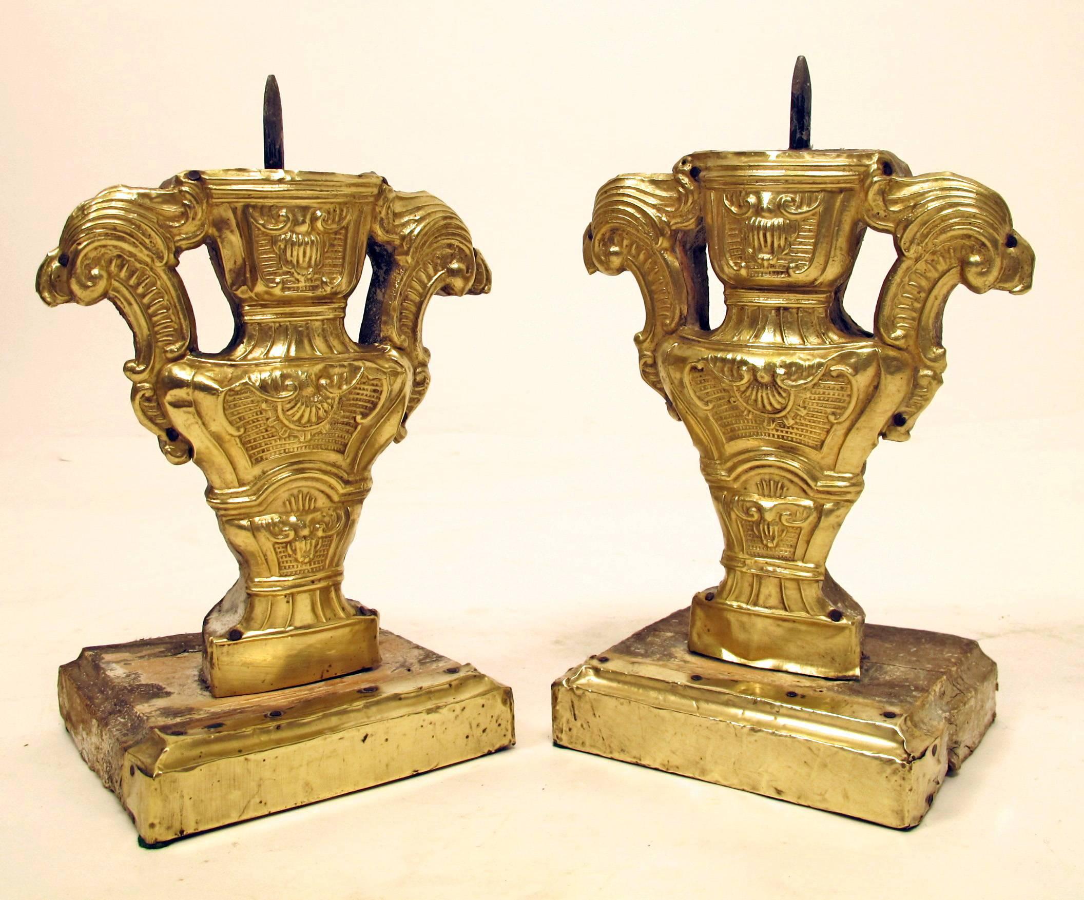 Gilt Pair of 18th Century Italian Wood and Brass Pricket Candleholders For Sale