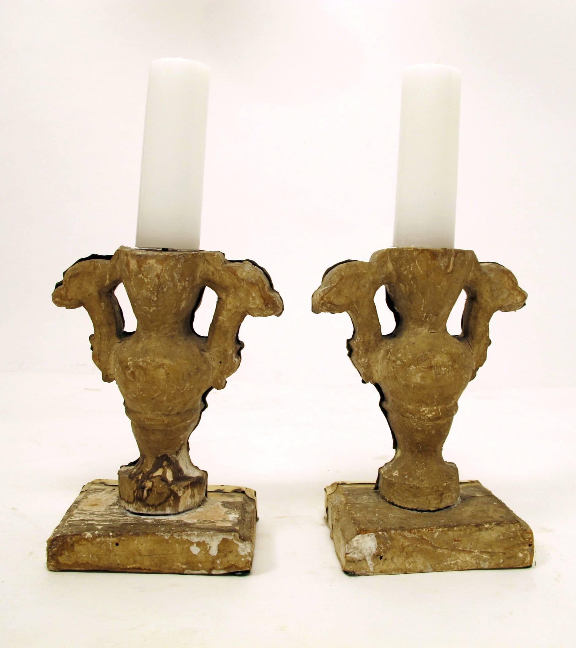 Pair of 18th Century Italian Wood and Brass Pricket Candleholders For Sale 3