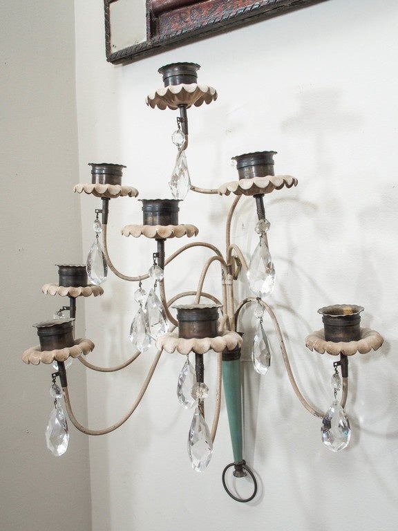 Pair of Large Tole and Crystal Sconces