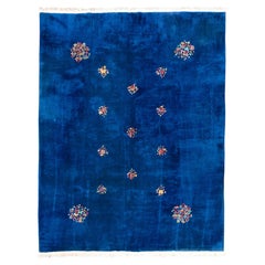 Bold Chinese Art Deco Rug with Sapphire Blue Field and Floating Floral Roundels