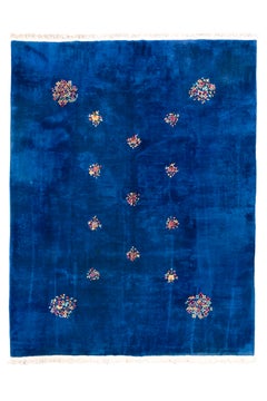 Bold Chinese Art Deco Rug with Sapphire Blue Field and Floating Floral Roundels