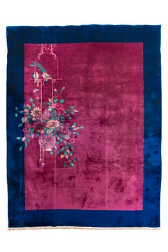 Beautiful Chinese Art Deco Rug with Hanging Floral Basket