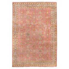 Oversized Hand-Knotted Turkish Oushak Rug in Dusty Rose and Soft Blue