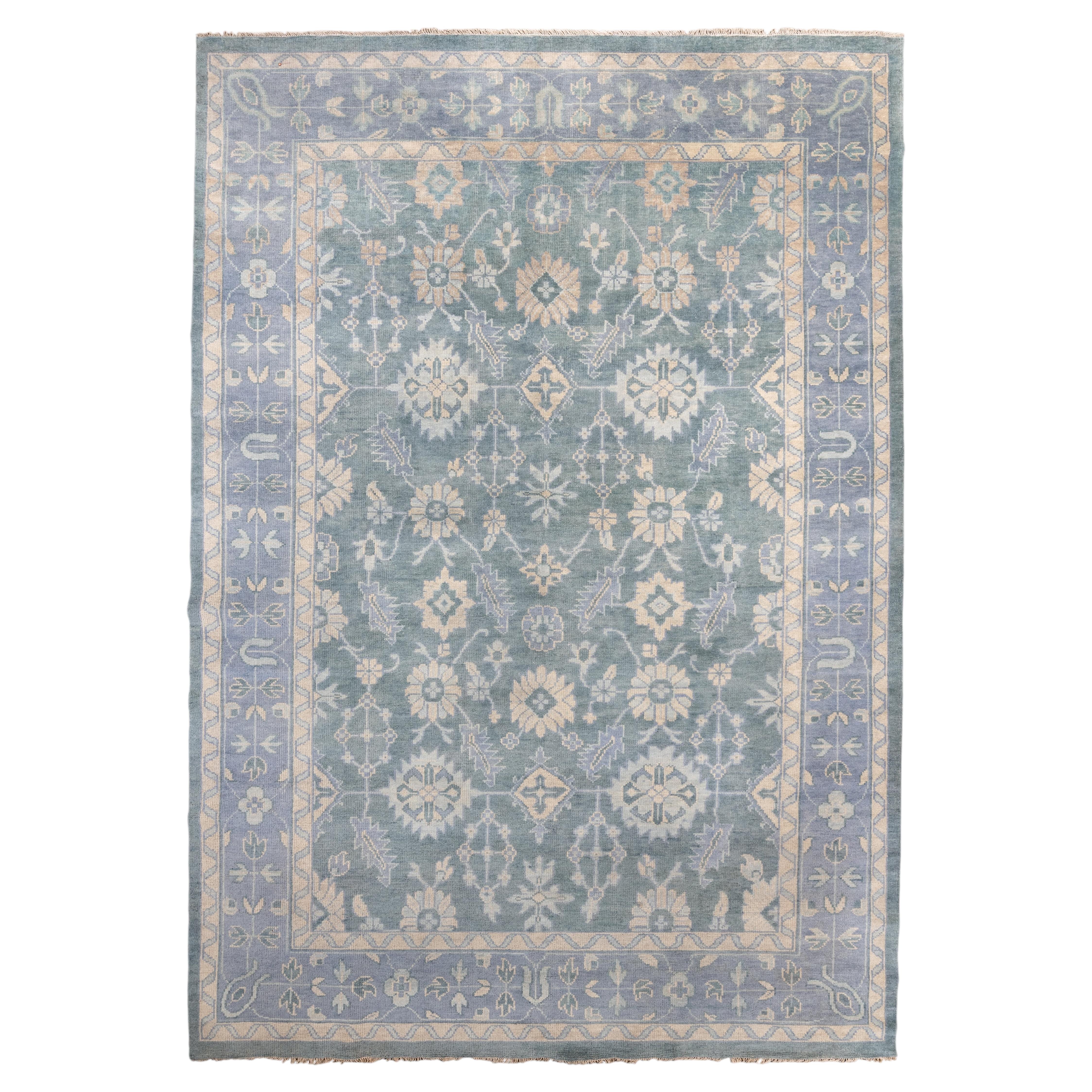 Oversize Hand-Knotted Oushak in Soft Blue, Sage and Ivory For Sale