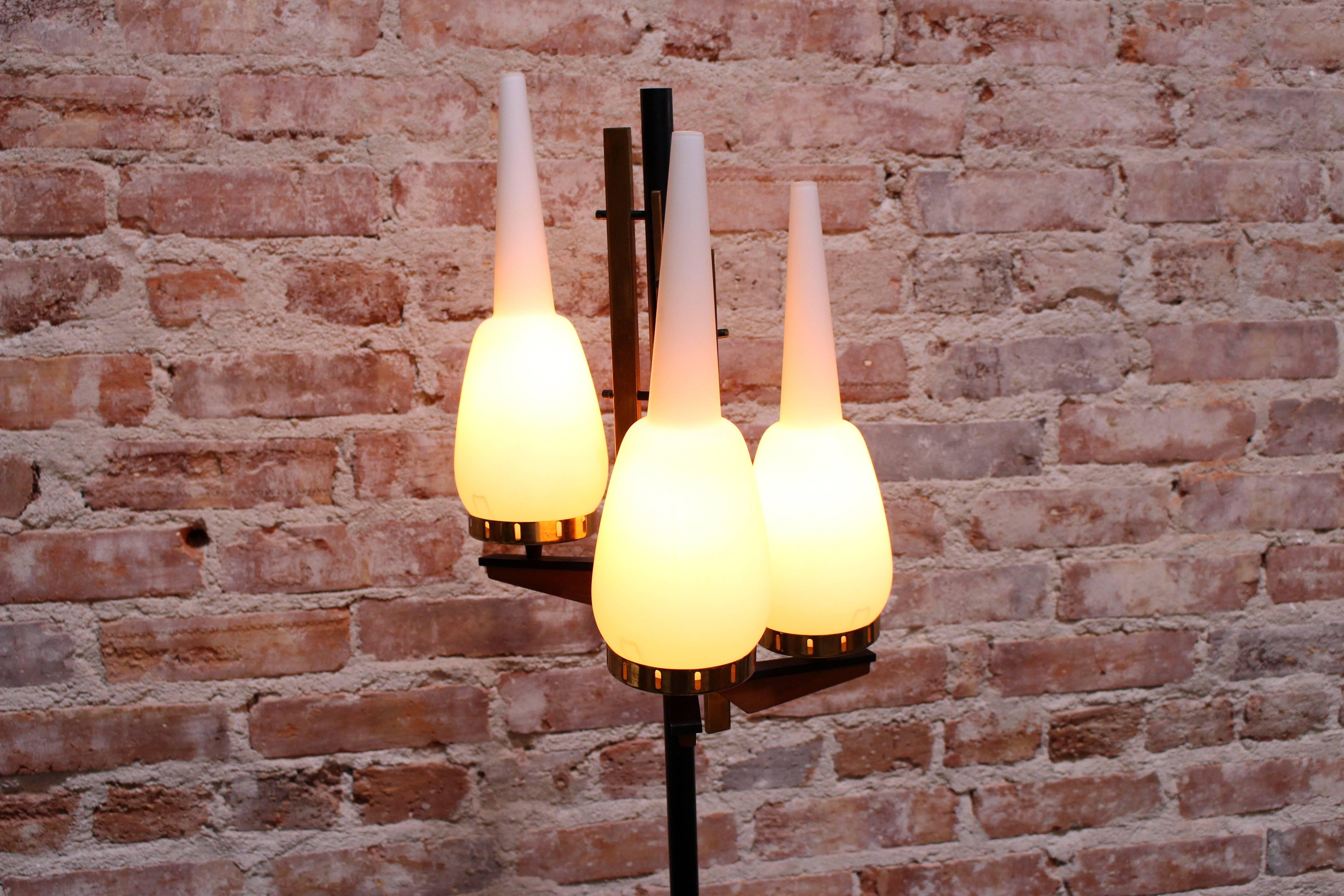 1950s Italian floor lamp combination of Palisander wood and brass.
