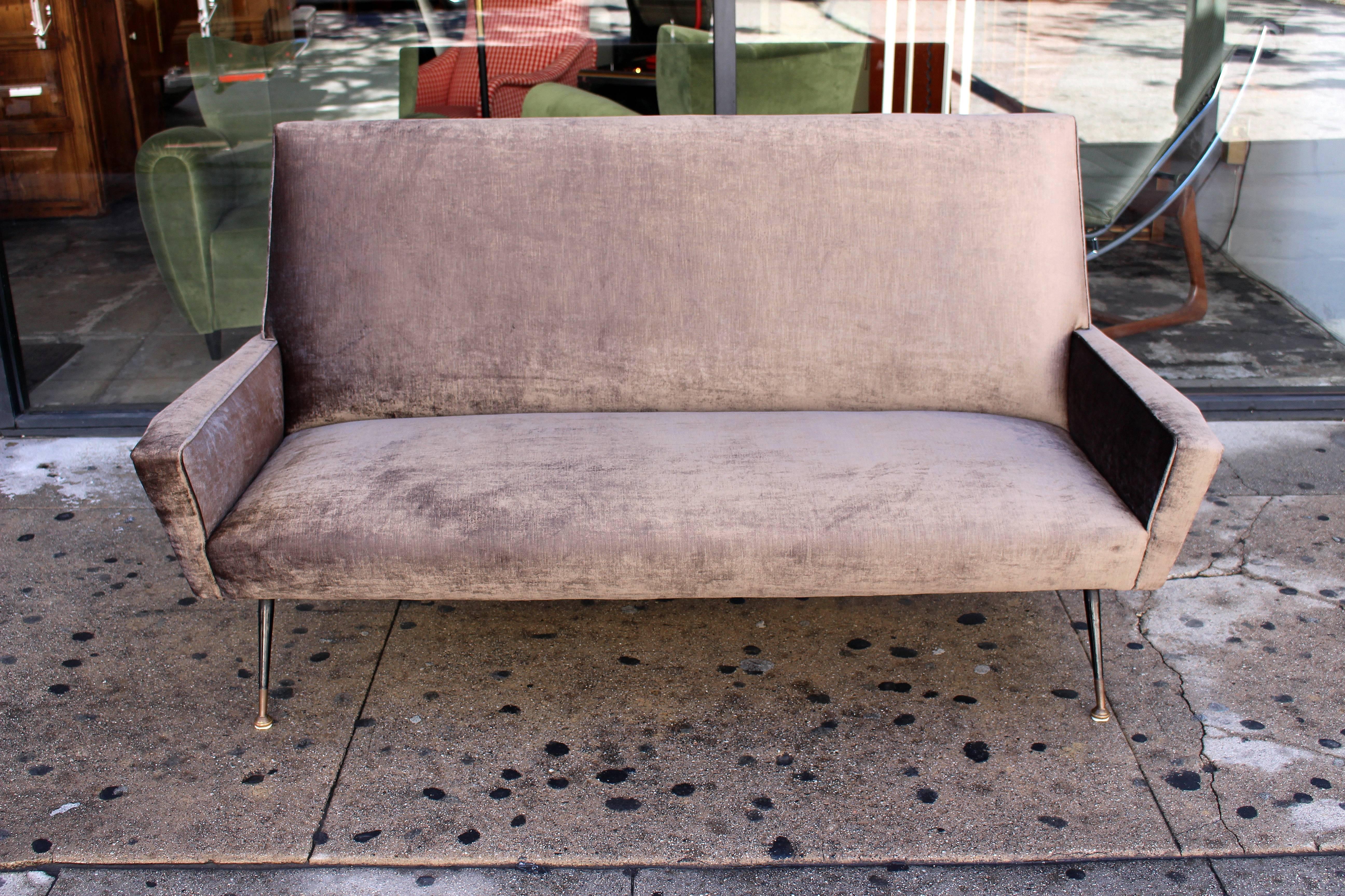 1950s Italian, settee new reupholstered in gray velveteen 
 original metal and brass legs.

Pls note: Item is located at Beverly Store
7274 Beverly Blvd 
Los Angeles, CA 90036

 