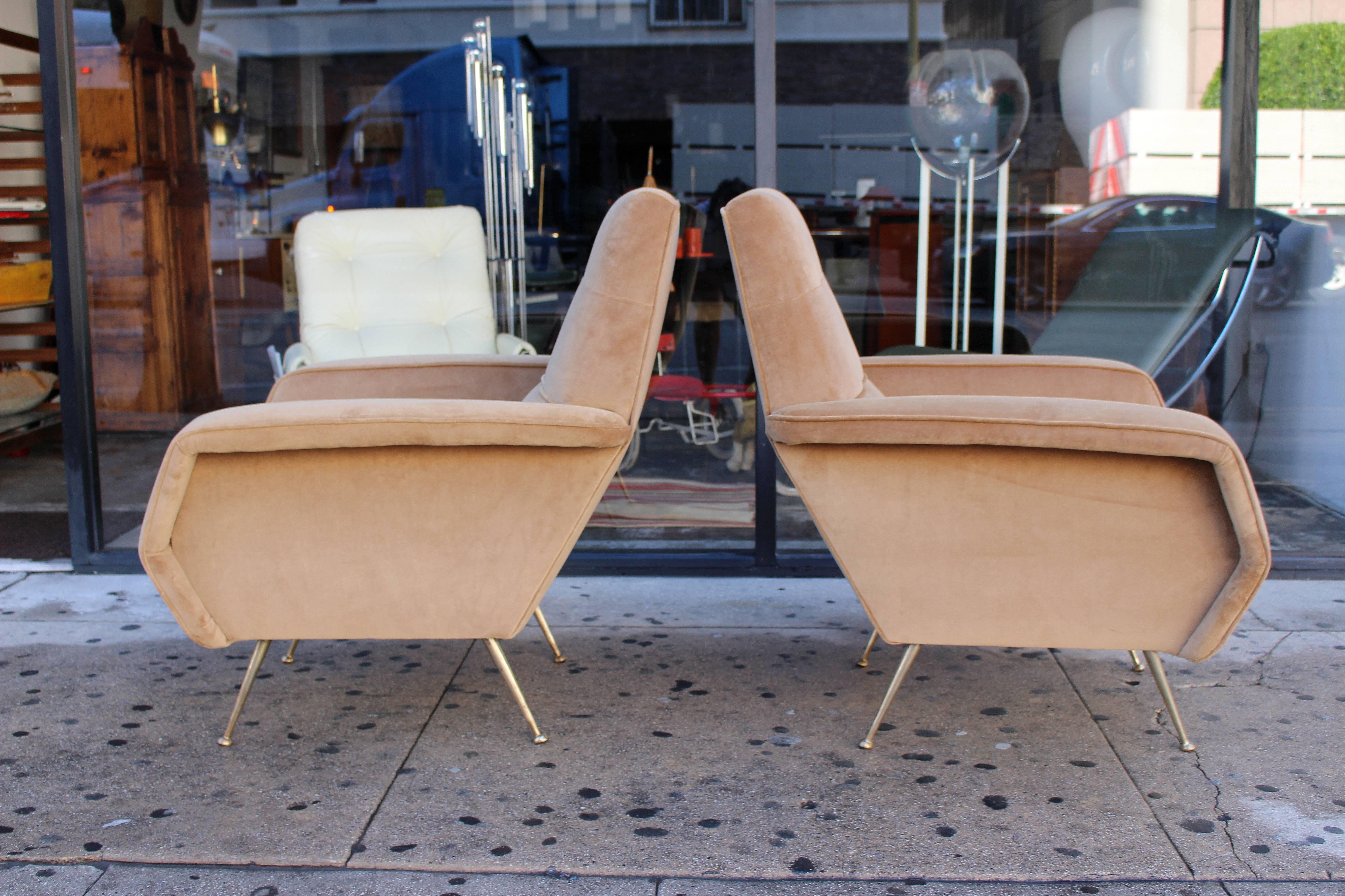 1950s Italian chars ,new cotton velvet upholstery cafe late color
  ,brass legs .
chairs are comfortable and on the larger scale 