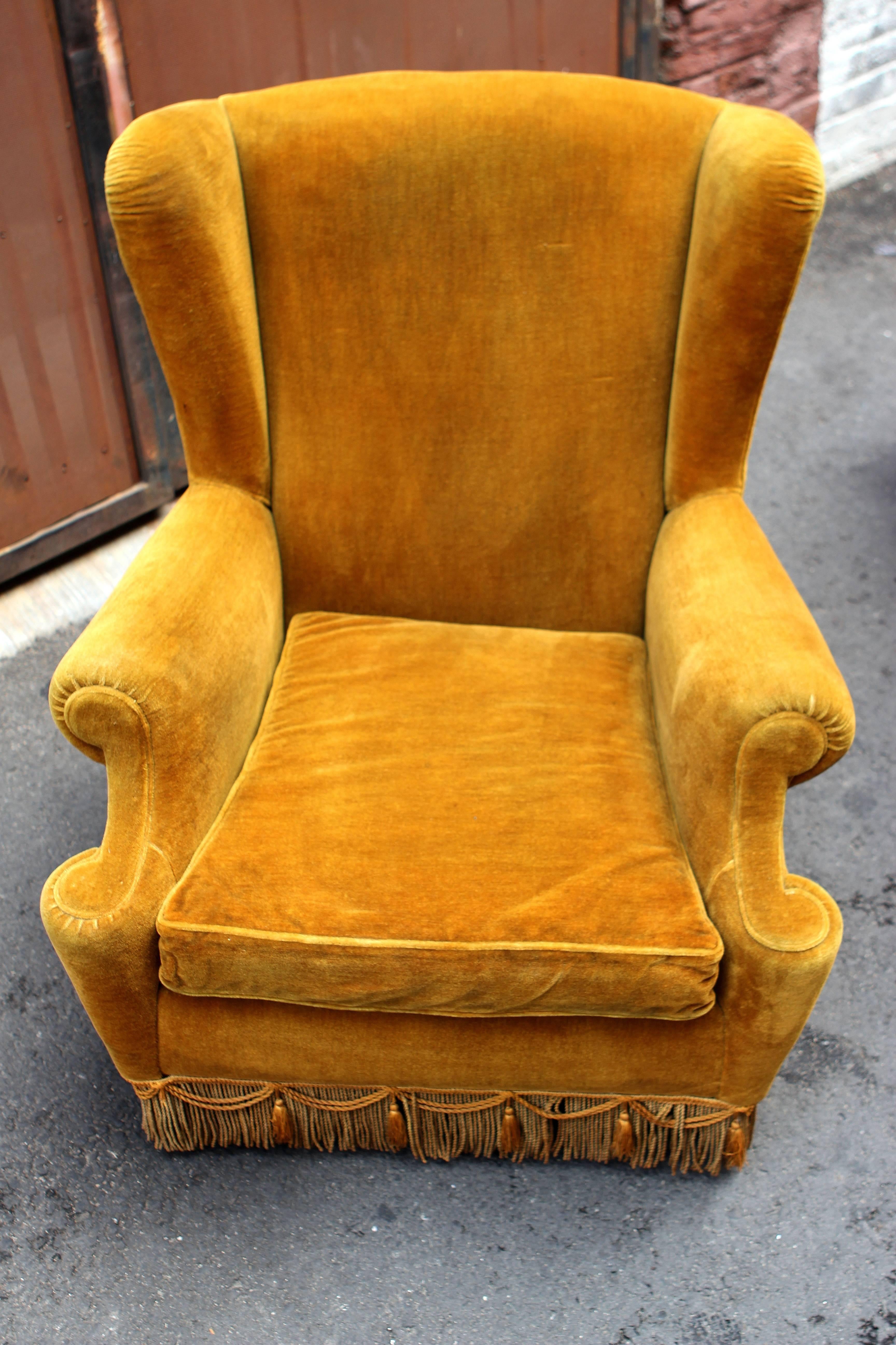 1950s Italian pair of high wing back chairs, original velvet upholstery.
   