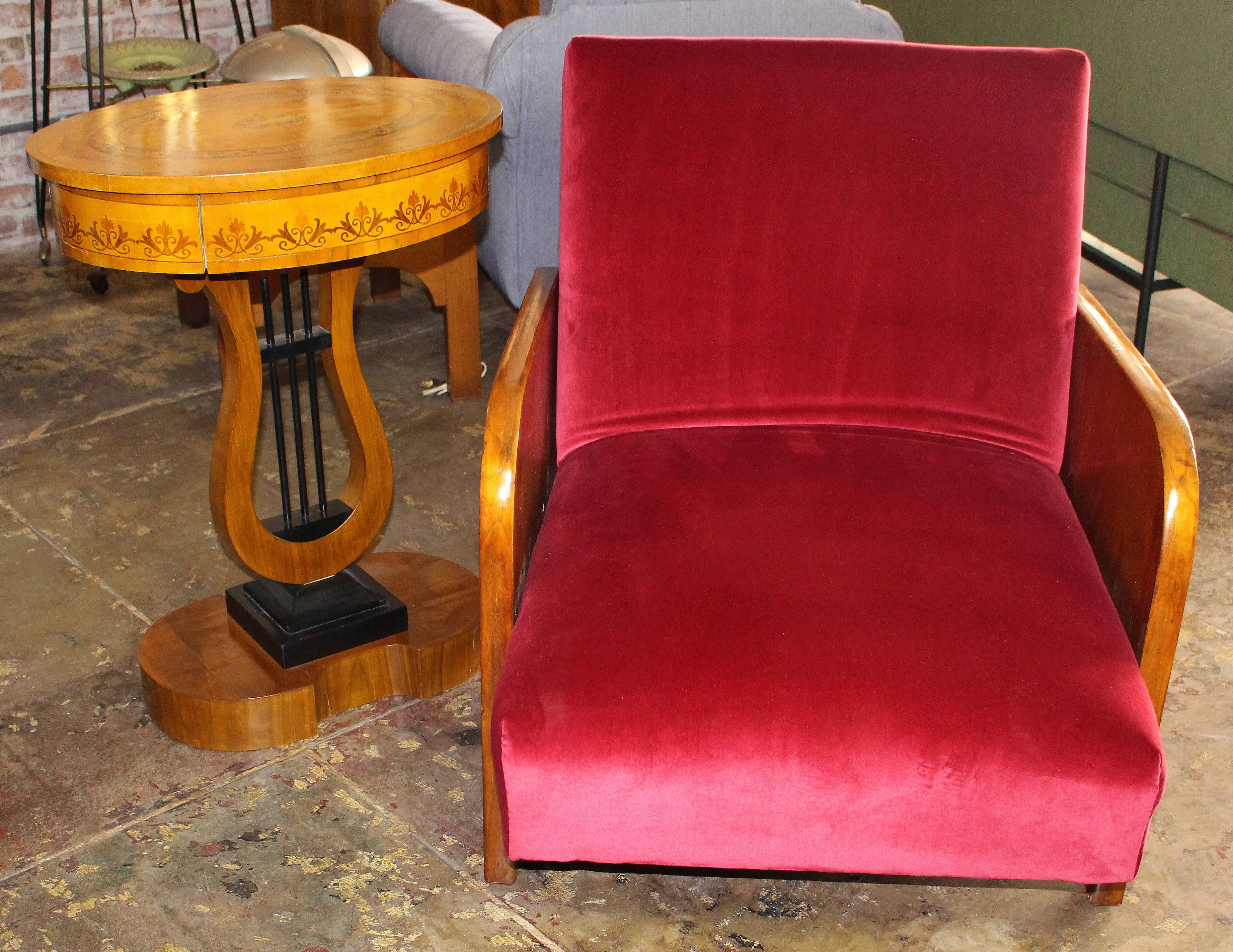 Art Deco sleeper chair just reupholstered in burgundy cotton velvet.
Walnut base and veneer, extended as a bed 74 inches.
Pls note: Item is located in Beverly Store
7274 Beverly Blvd 
Los Angeles, CA 90036
