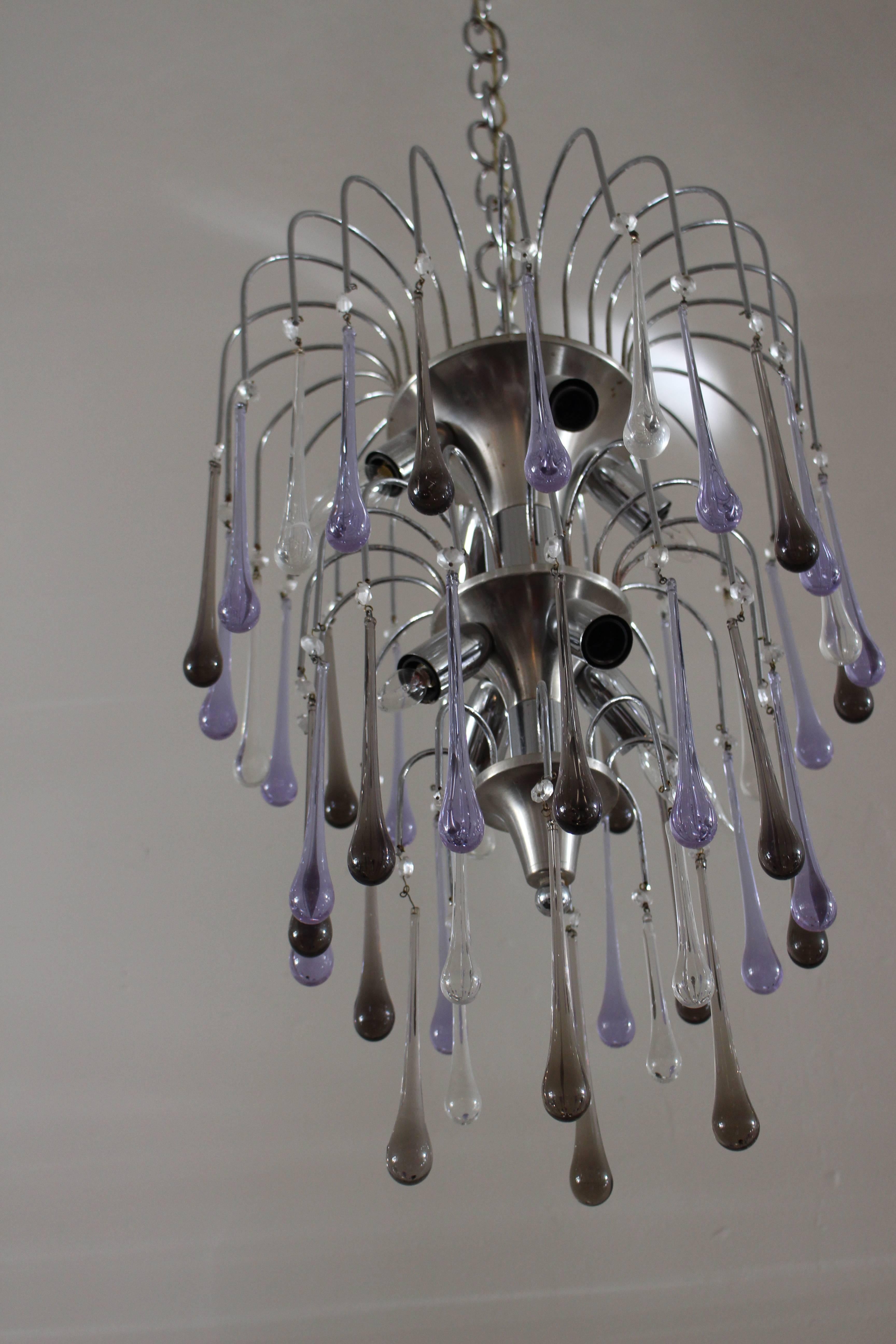 Italian Vetreria Murano tier drop chandelier chrome base fume and lavender color crystal glass.