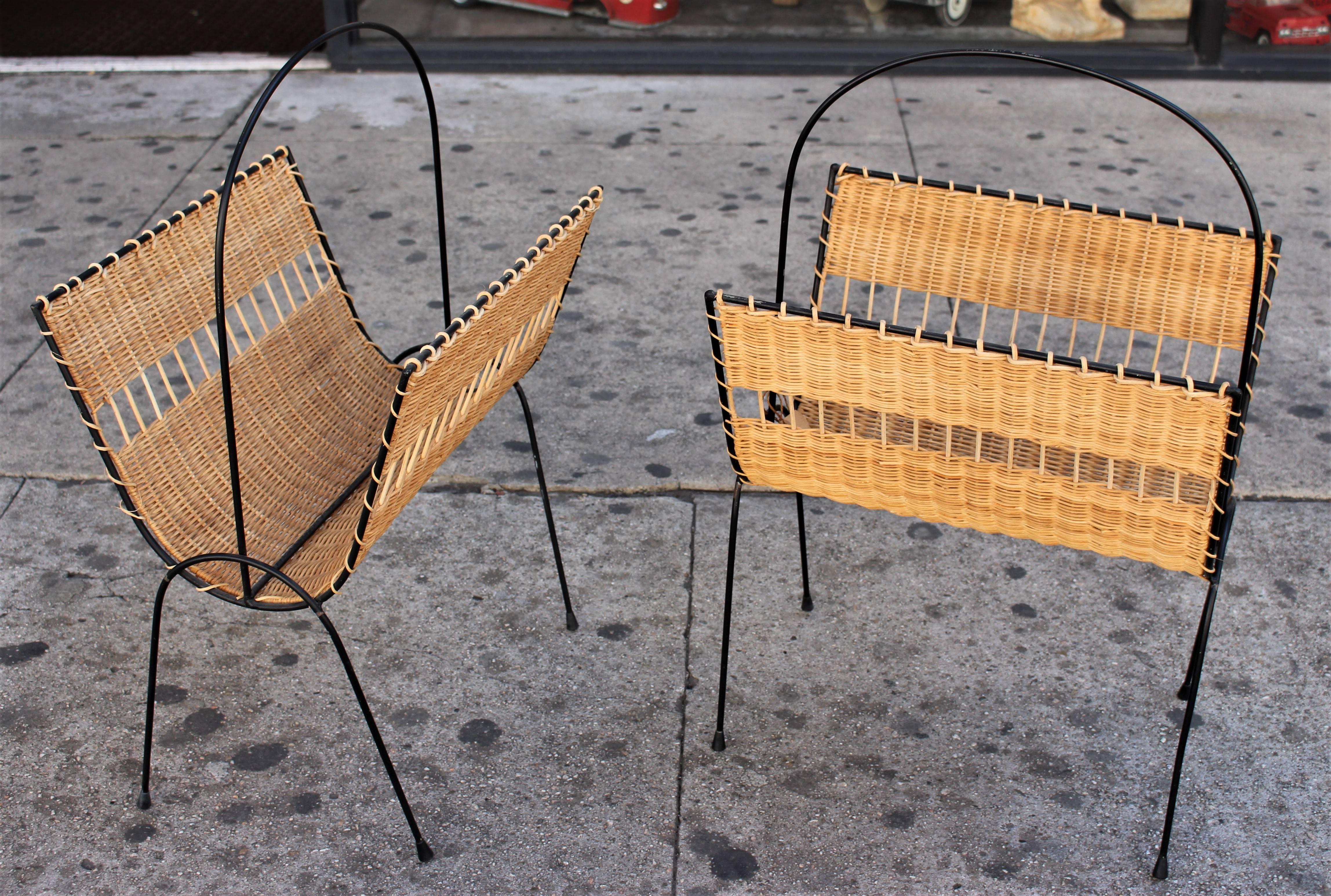 Wire, rattan and wicker magazine holder circa 1950 s  attributed to Raoul Guys .Please note we have only one magazine holder so price is for one .