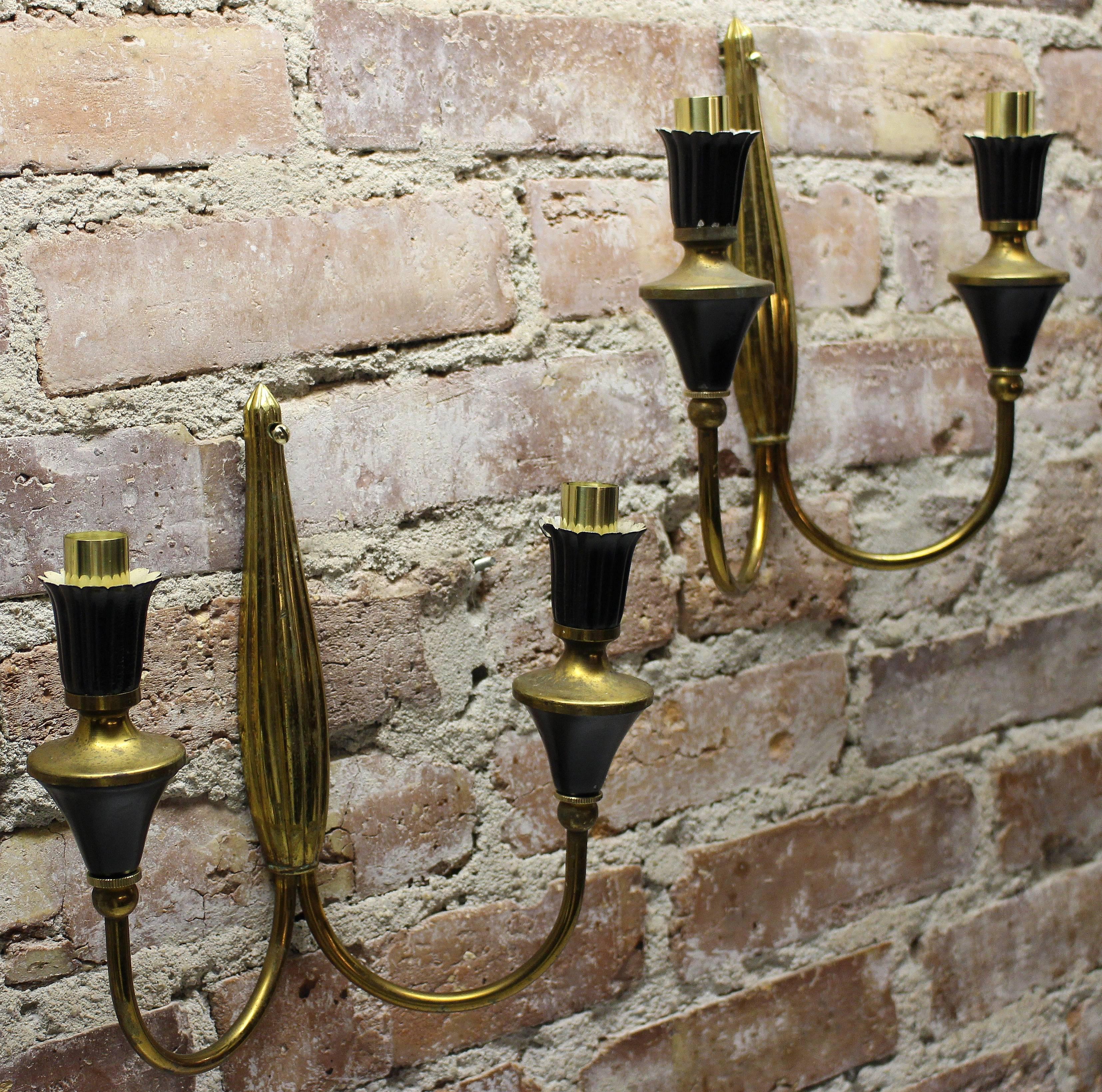 Italian brass wall lights, rewire and original patina.