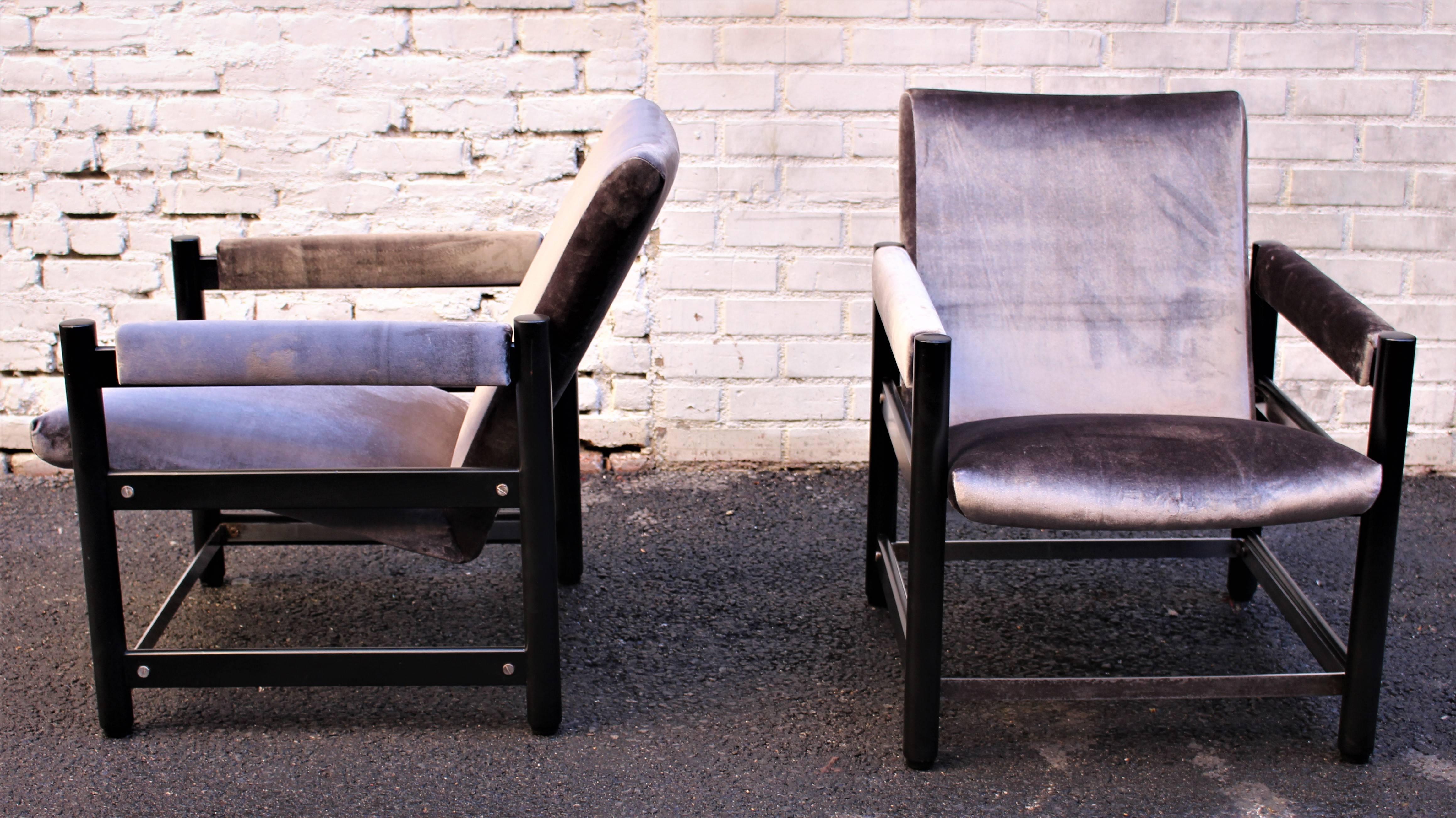 Italian chairs black wood lacquered base and metal holders new upholstery gray velvet.