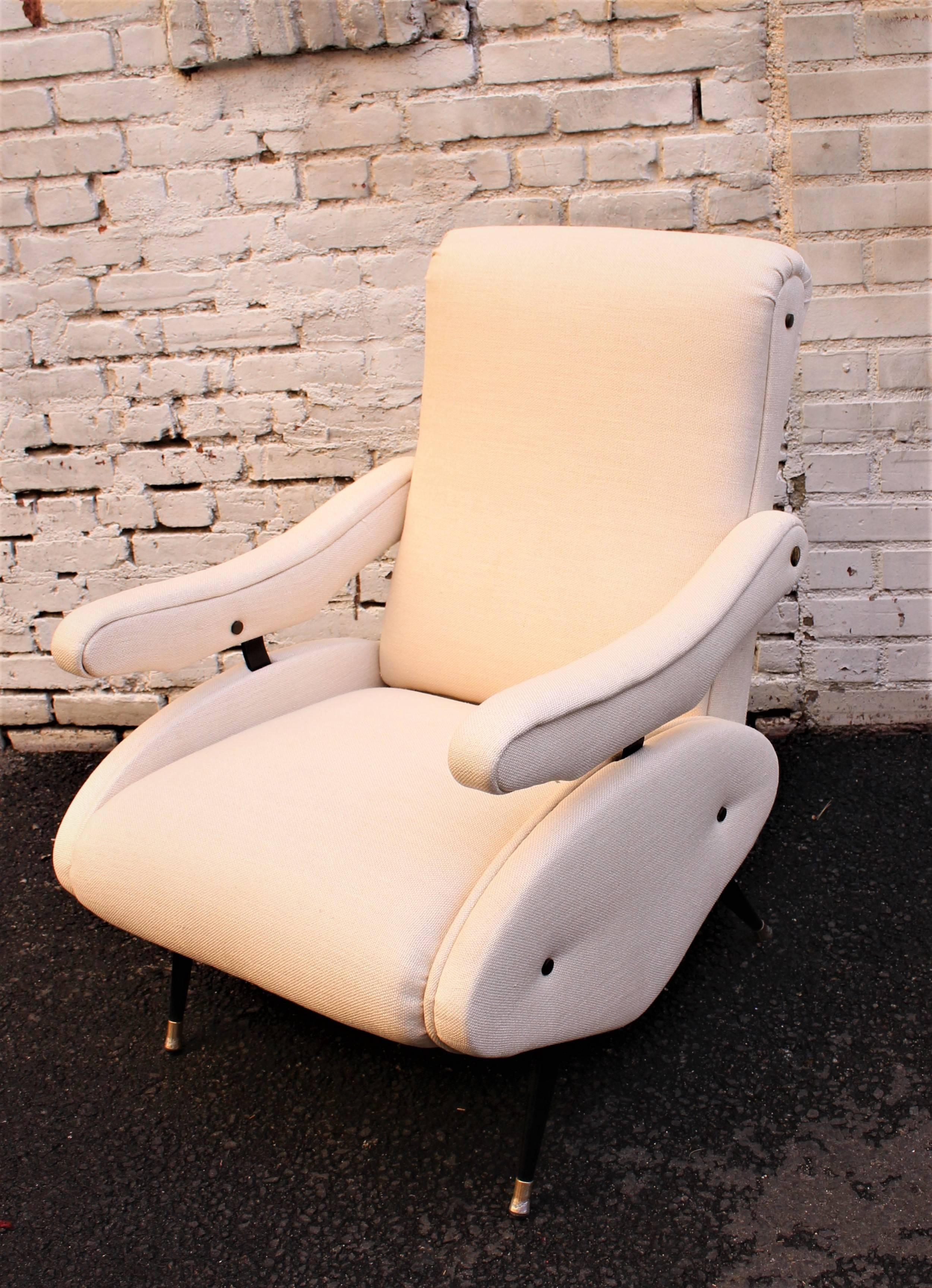 Italian 1950s recliner chairs just reupholstered in linen Pana cotta,
material.