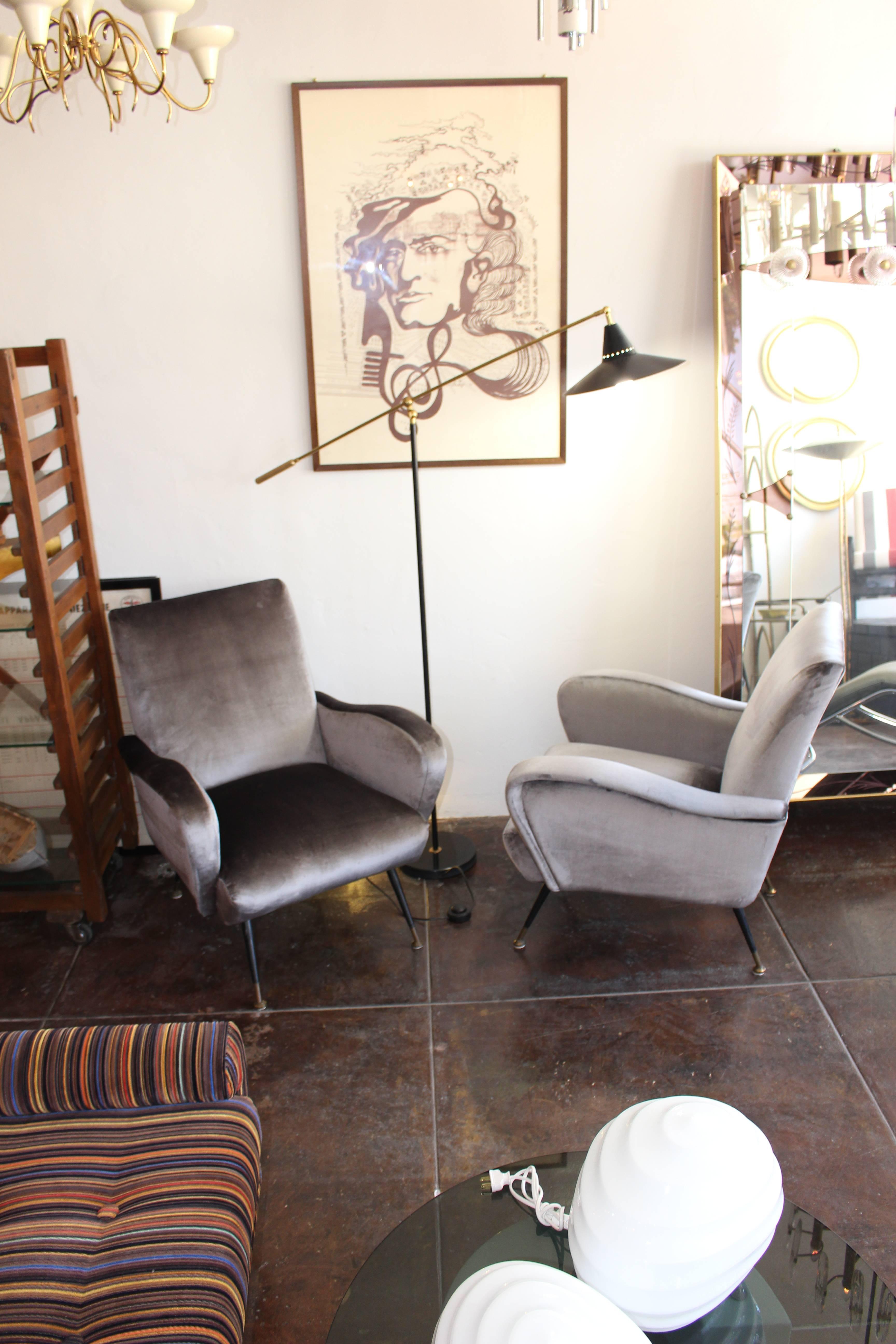 Italian 1950s pair of chairs. Reupholstered in gray velvet.