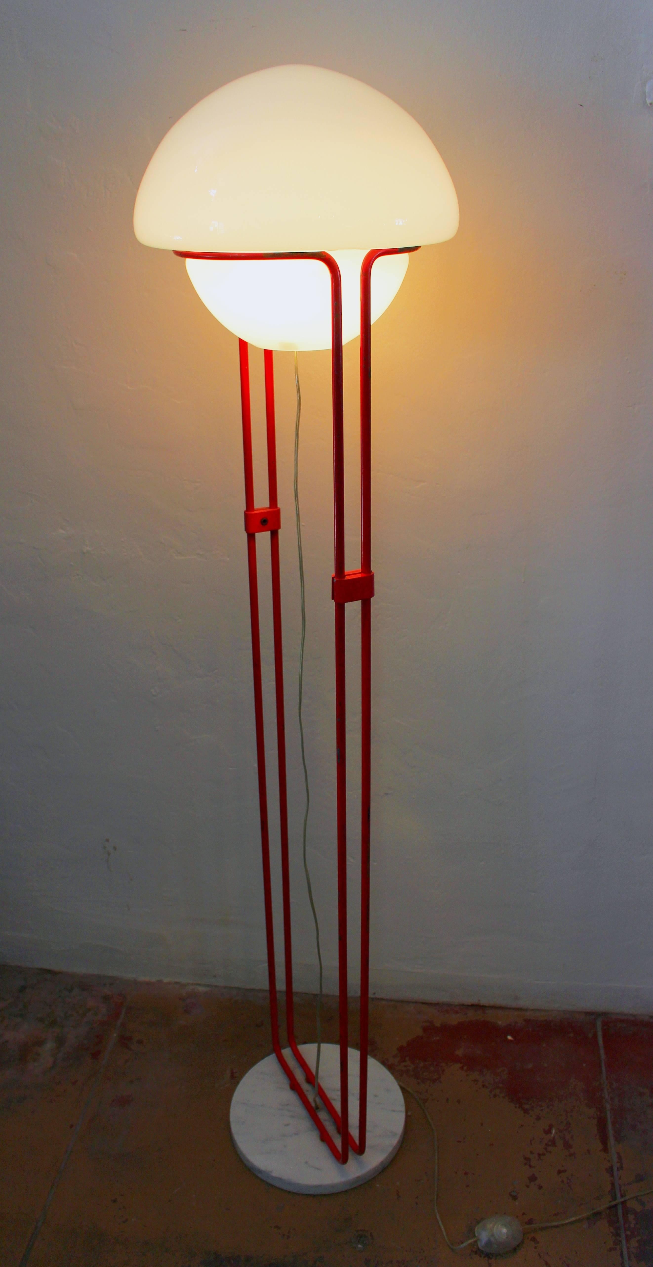 Italian Mid-Century floor lamp, marble base and metal frame, sculptured opaline white glass shade.