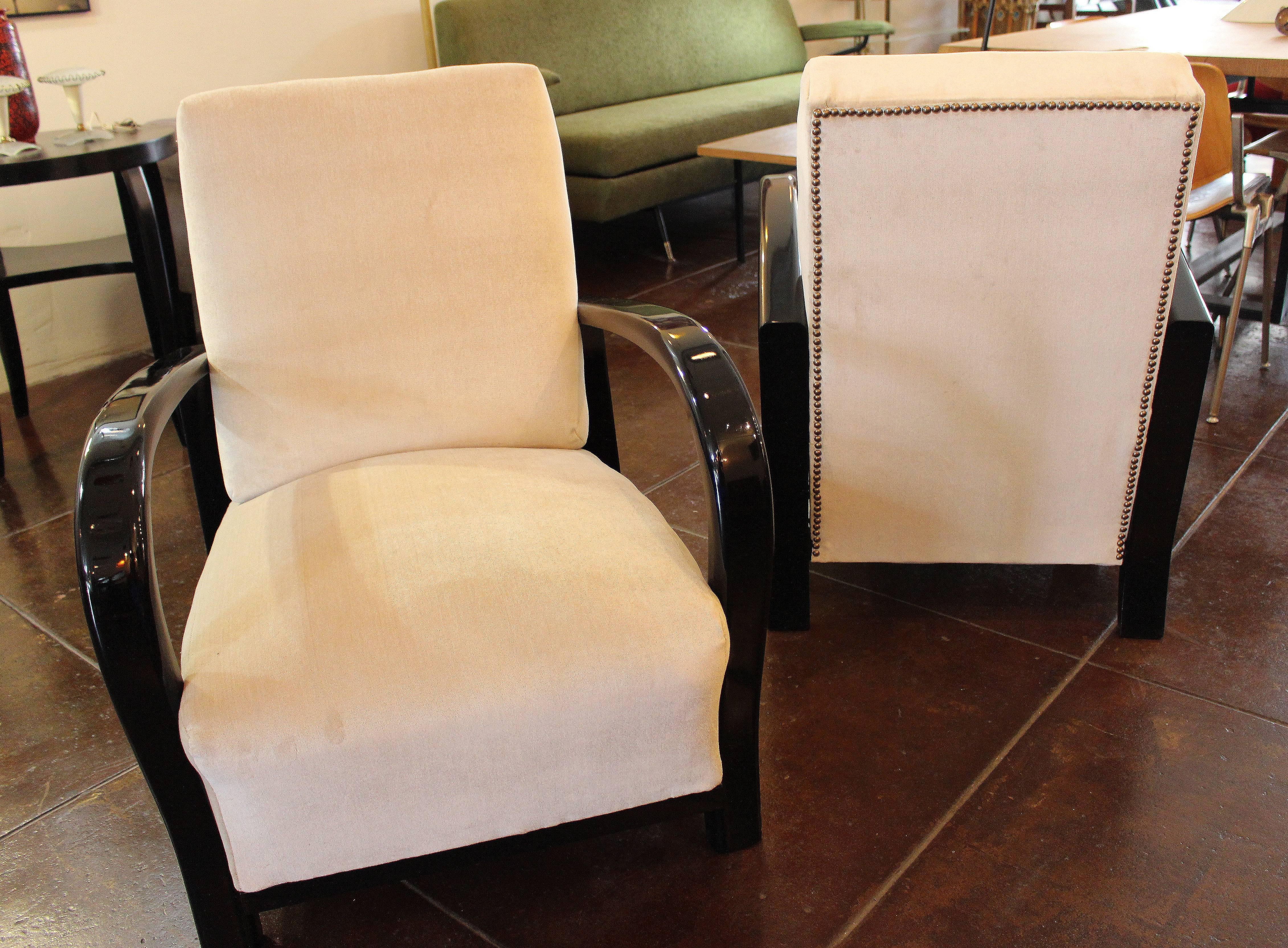 1930s original Art Deco club chairs, new cotton velvet upholstery Pannacotta. French polish finish on the walnut frame .