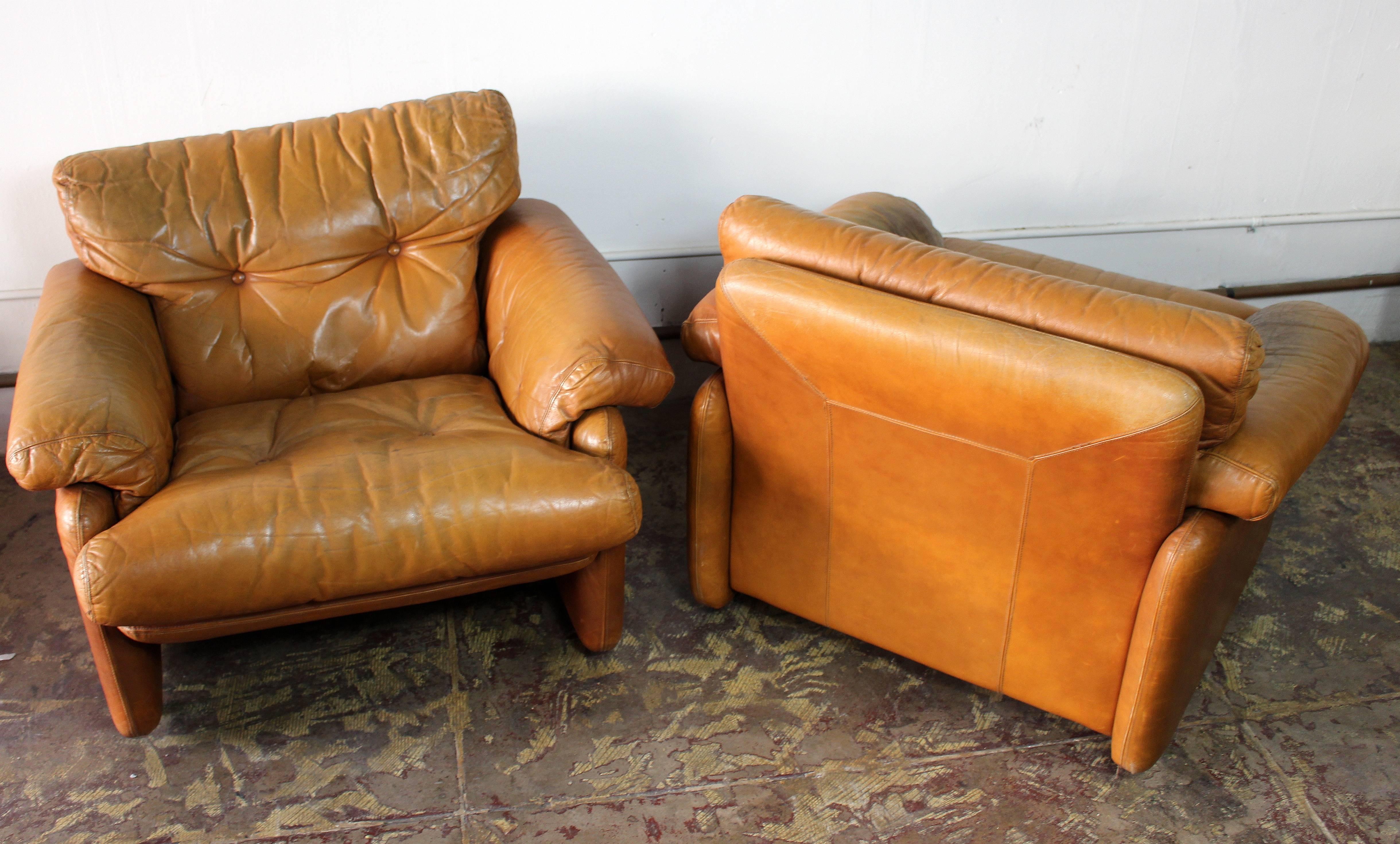 Italian pair of leather lounge chairs
cognac leather color.