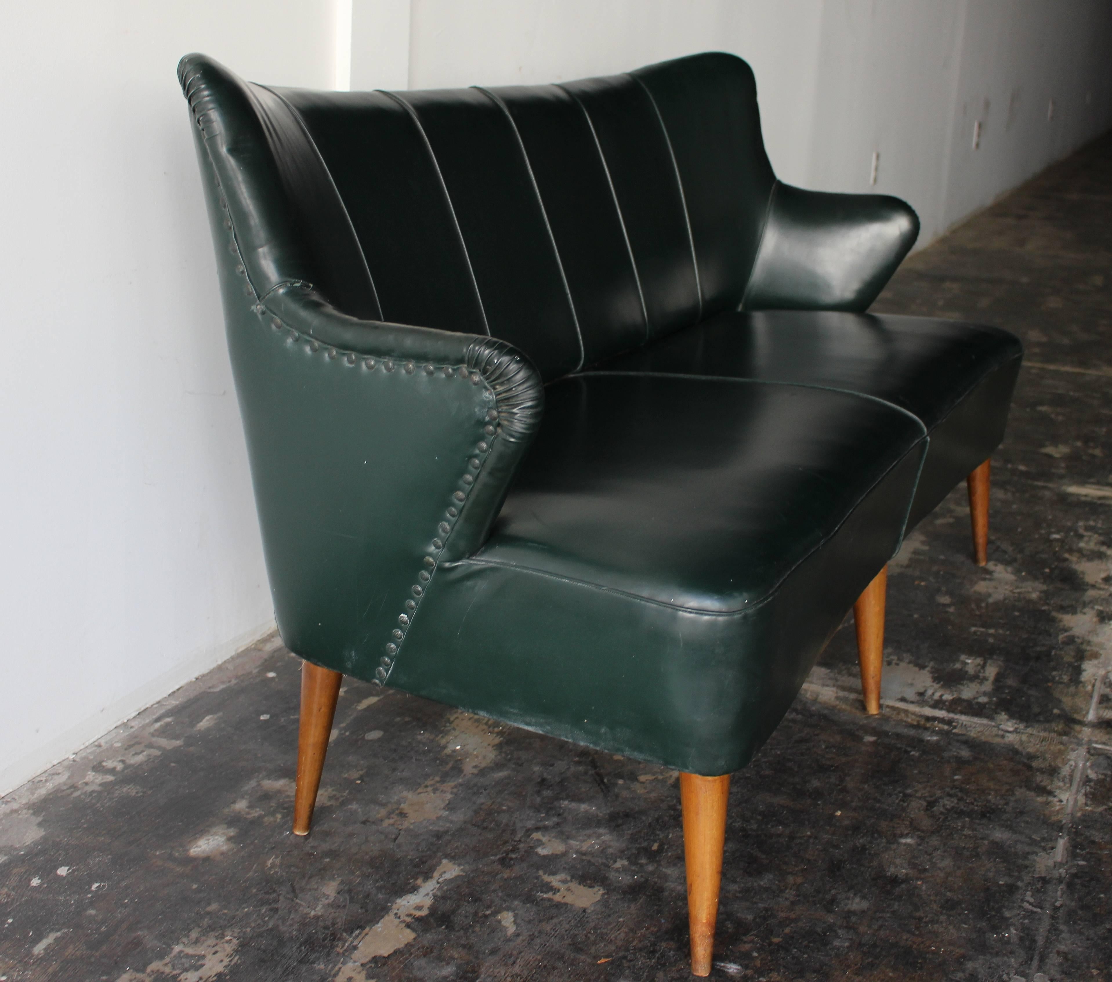 Danish two-seat settee attributed to Hans Olsen 
vinyl green upholstery.