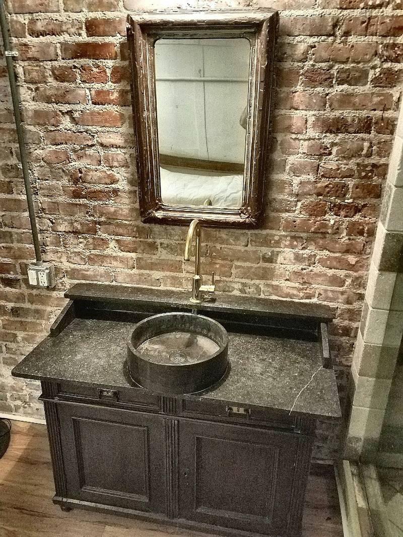 French 1900s bathroom wash stand converted in to the bathroom sink.
 Original marble top, brass faucet and the marble bowl add when converted in to the bathroom sink.
Mirror dimensions H 24, W 20
Functional and ready for installation.

 