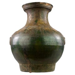 Han Dynasty, Green-Glazed Hu Vase Taotie Mask Handles, China (202 BCE – 220 AD)