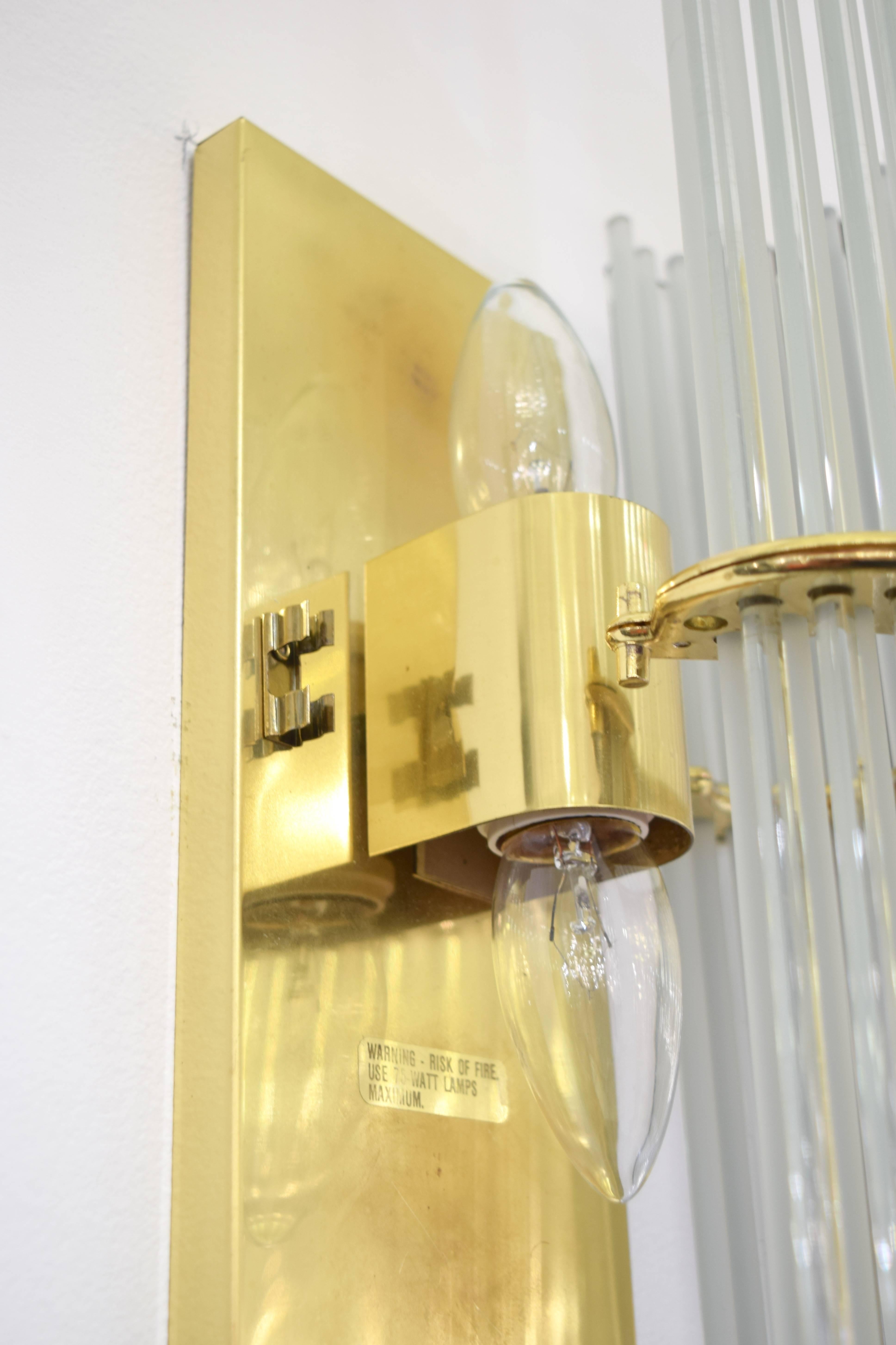 Mid-Century Modern Pair of Glass Rod and Brass Sconces