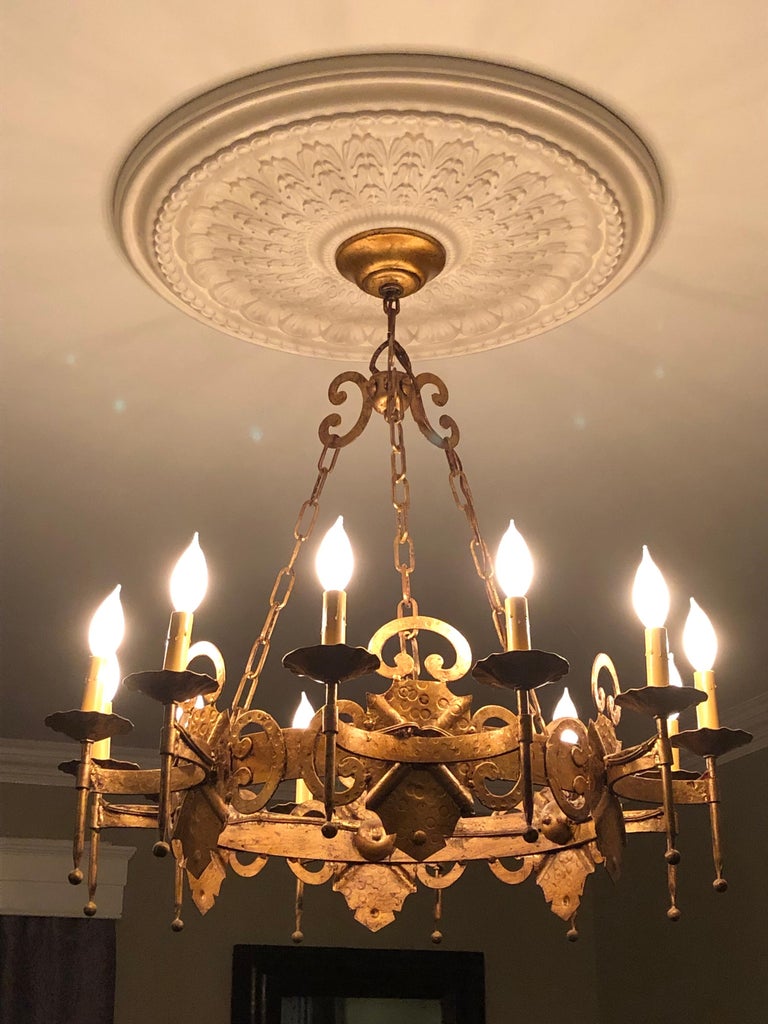 Large 12 Light Hollywood Regency Iron Gold Leaf Chandelier at 1stDibs