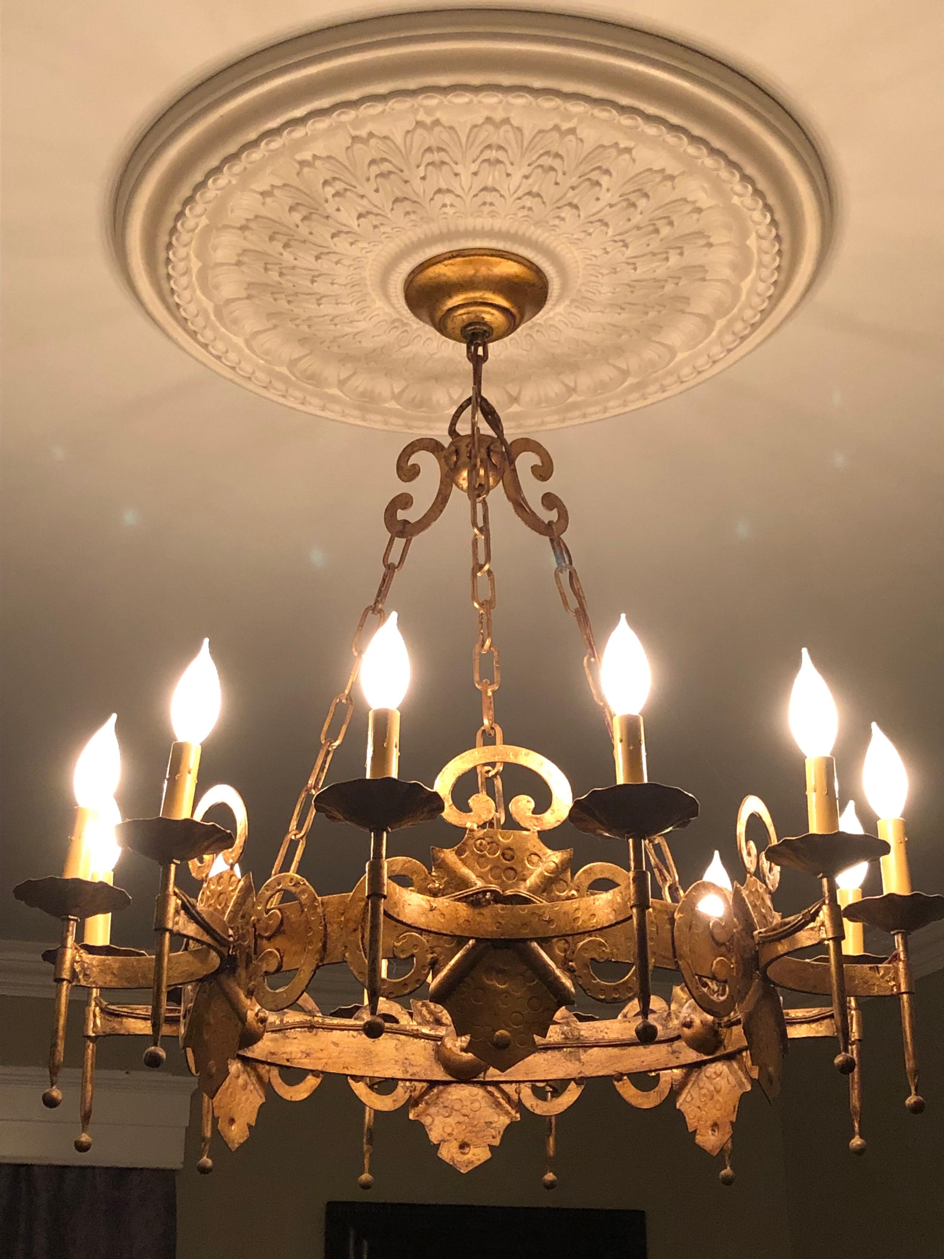 Large 12 Light Hollywood Regency Iron Gold Leaf Chandelier 2