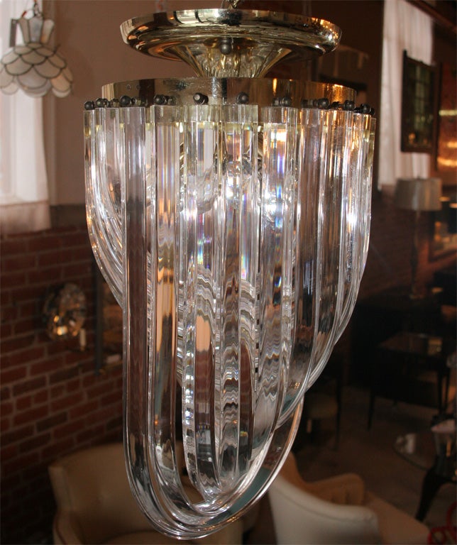 Late 20th Century Flush Mount Sculptural Lucite and Brass Ribbon Chandelier