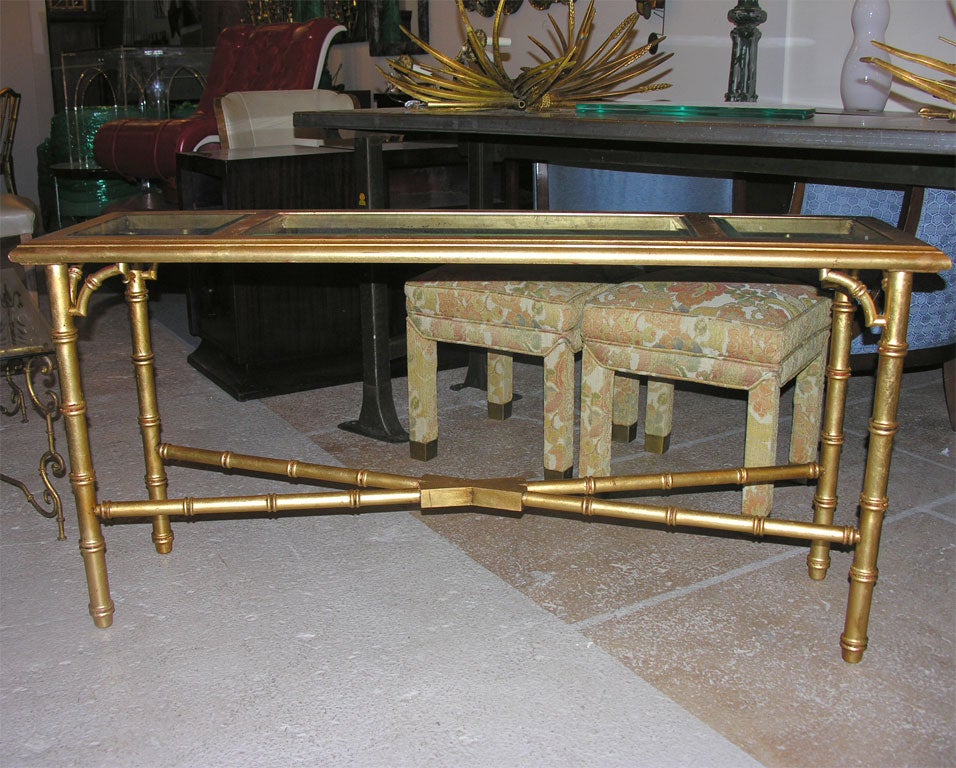 Glass Hollywood Regency Faux Bamboo Gilt Console or Sofa Table