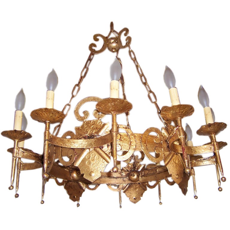 Large 12 Light Hollywood Regency Iron Gold Leaf Chandelier