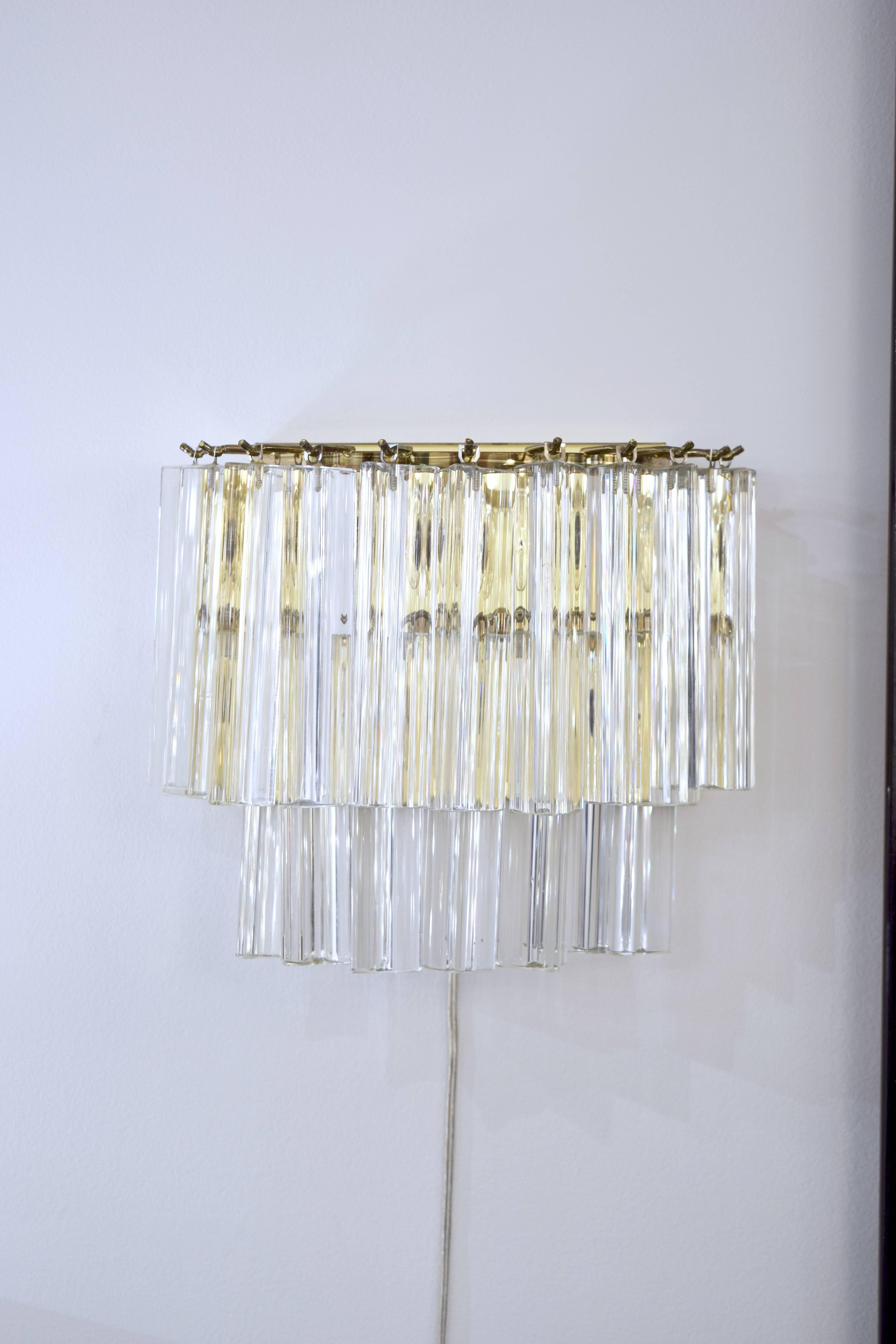 Mid-Century Modern Pair of Brass Two-Tier Venini  Crystal Sconces