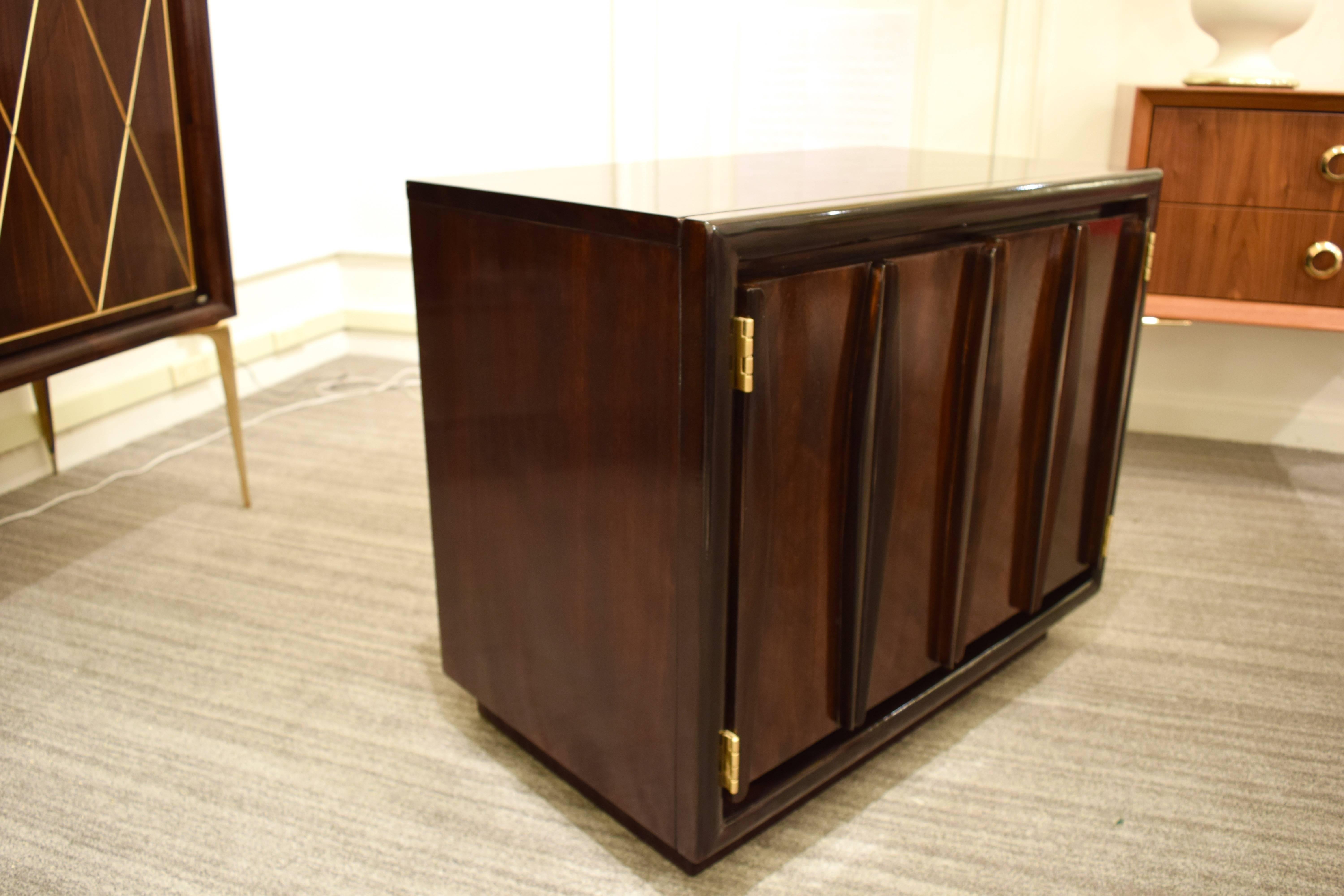 Polished Pair of Sculpted Front Chests or End Tables For Sale