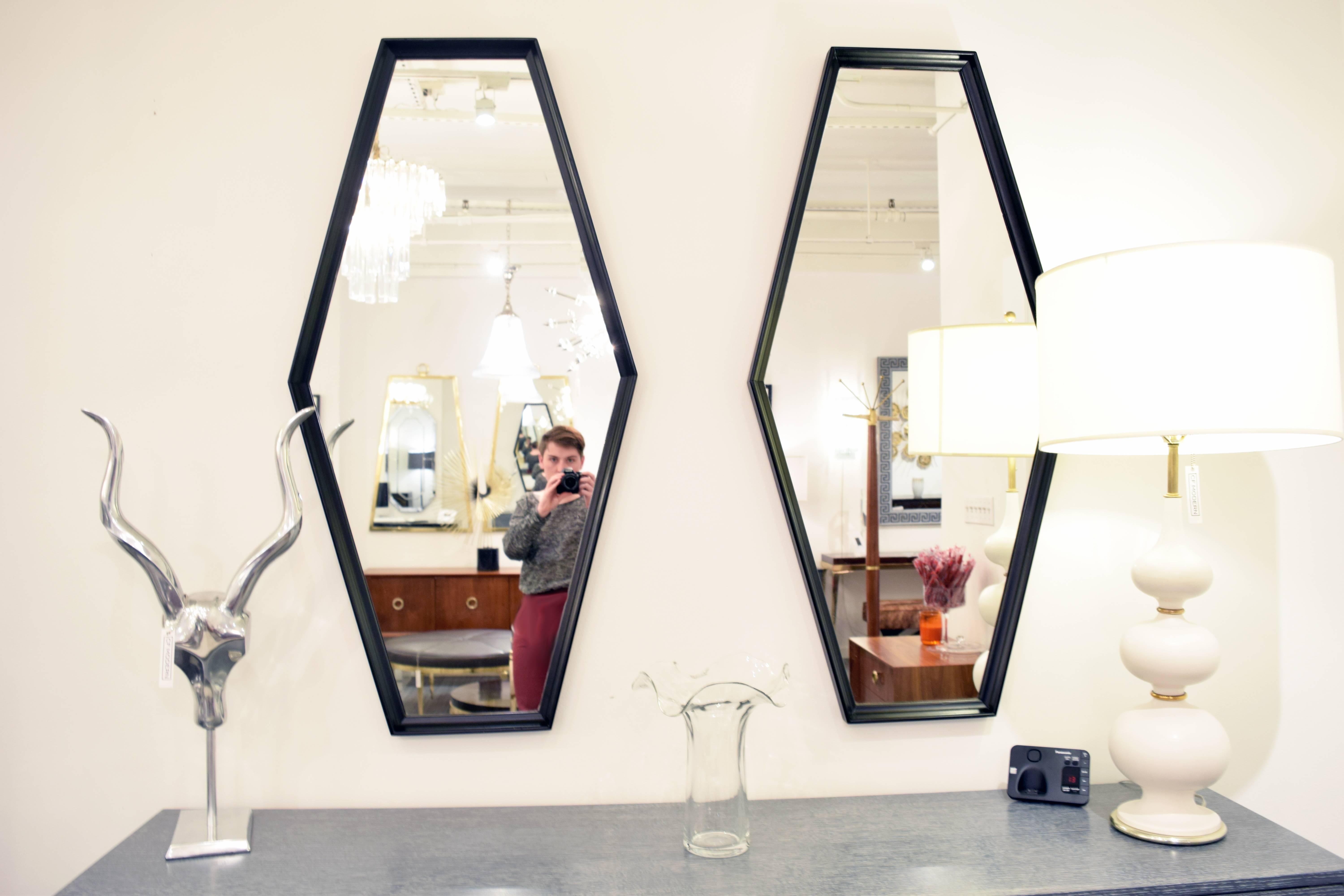 Mid-Century Modern Pair of Ebonized Hexagon Mirrors