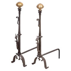 Arts & Crafts Samuel Yellin Style Wrought Iron And Brass Gargoyle Andirons