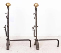 Arts & Crafts Samuel Yellin Style Wrought Iron And Brass Gargoyle Andirons