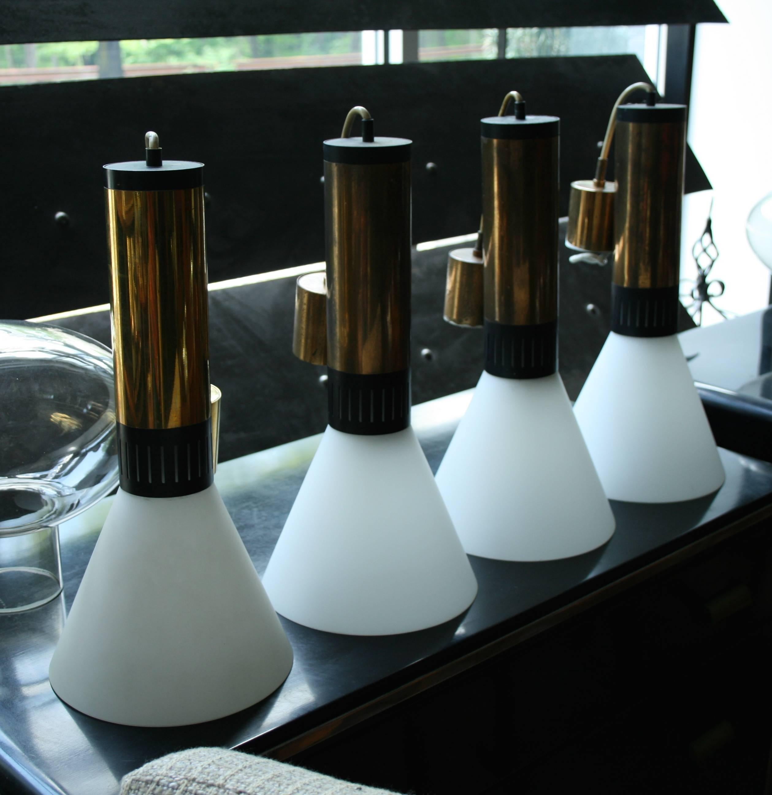 Mid-20th Century Pair of Stilnovo Brass and Milk Glass Pendant Lights