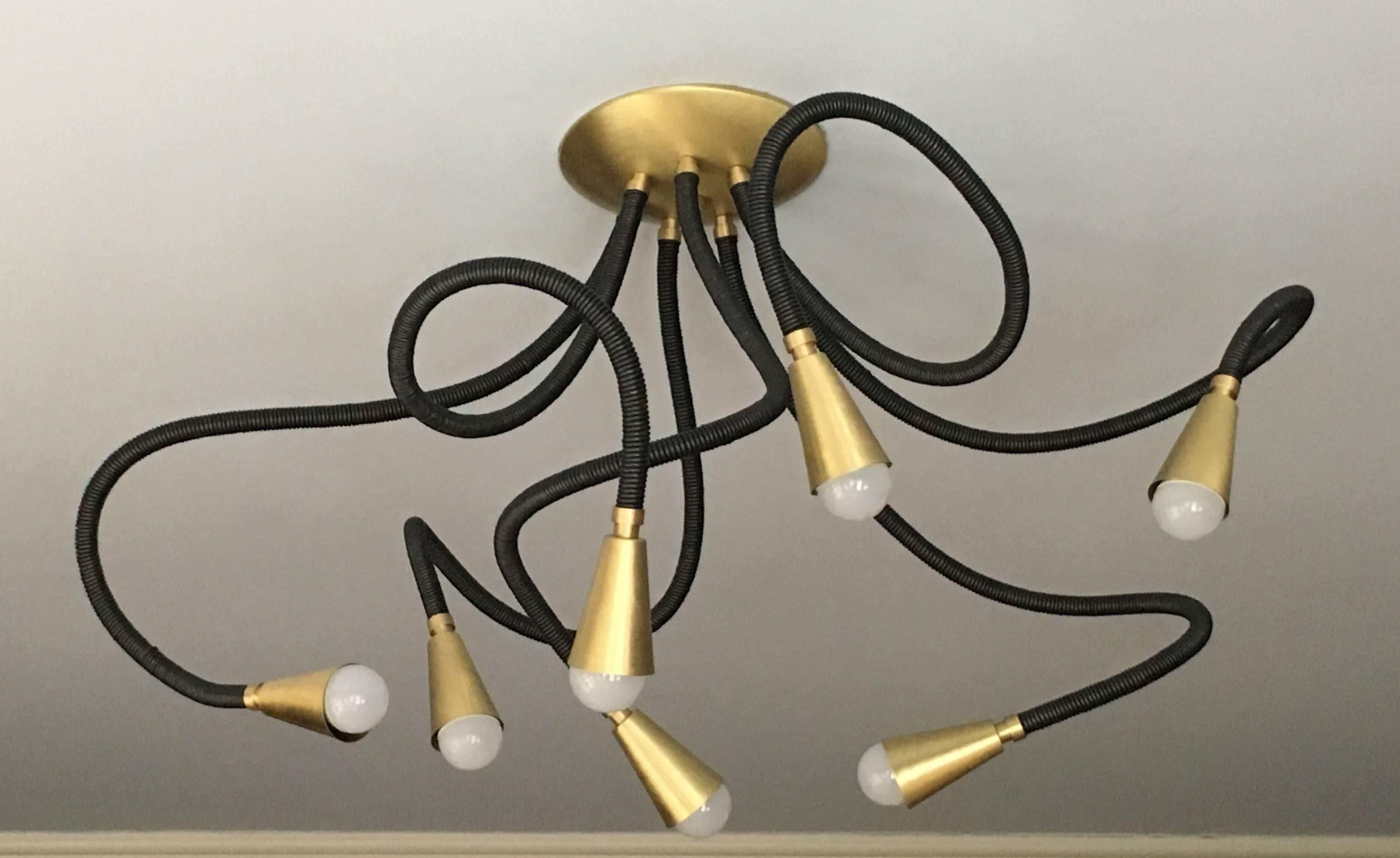 American Large Leather and Brass Flexible Arm Meander Light For Sale