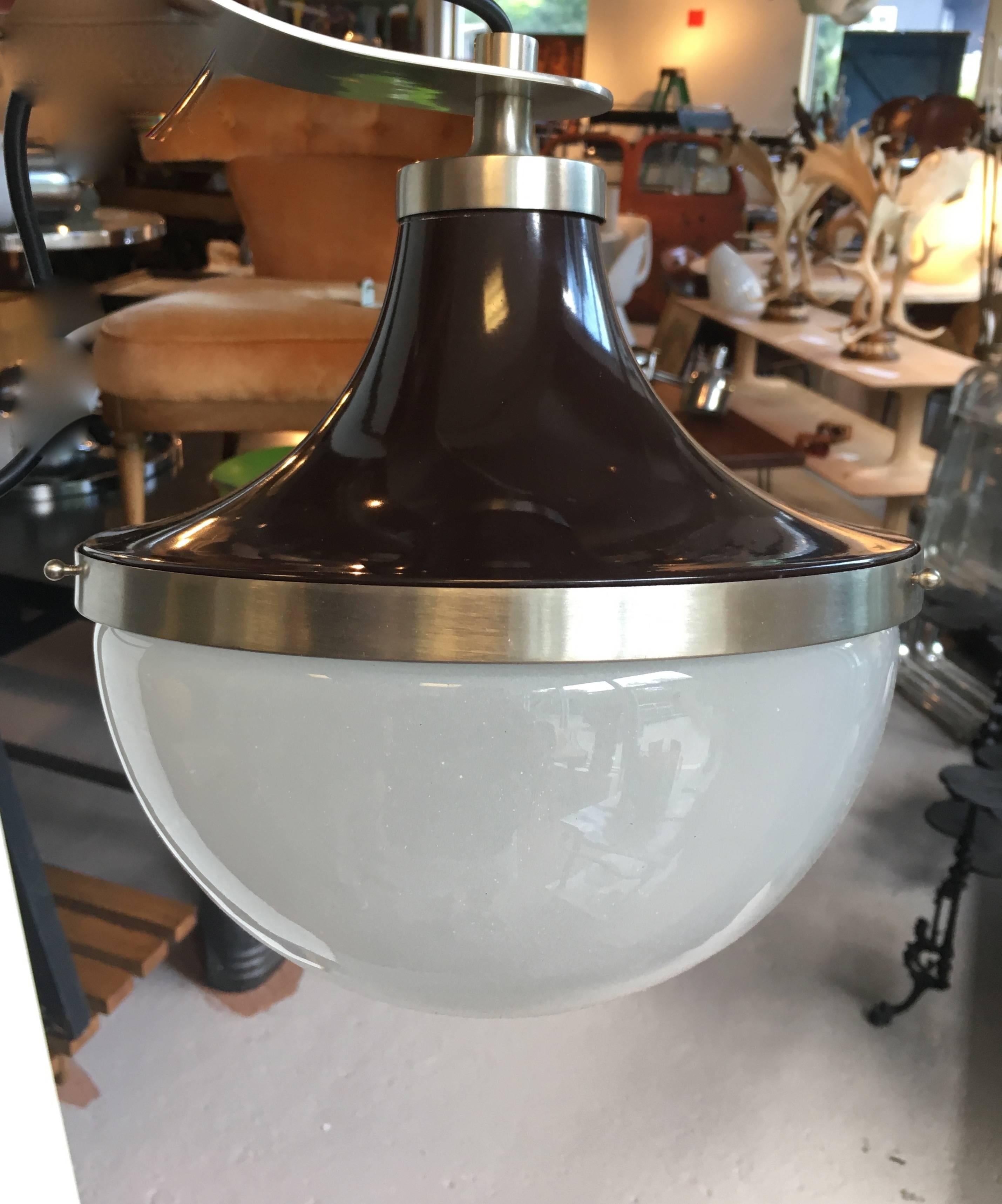 Pair of versatile Sergio Mazza light fixtures which can be hanging pendants or wall sconces, enameled metal with glass shades, and brushed metal detail; pole or fittings can be customized to your specifications.

Avantgarden Ltd. cultivates